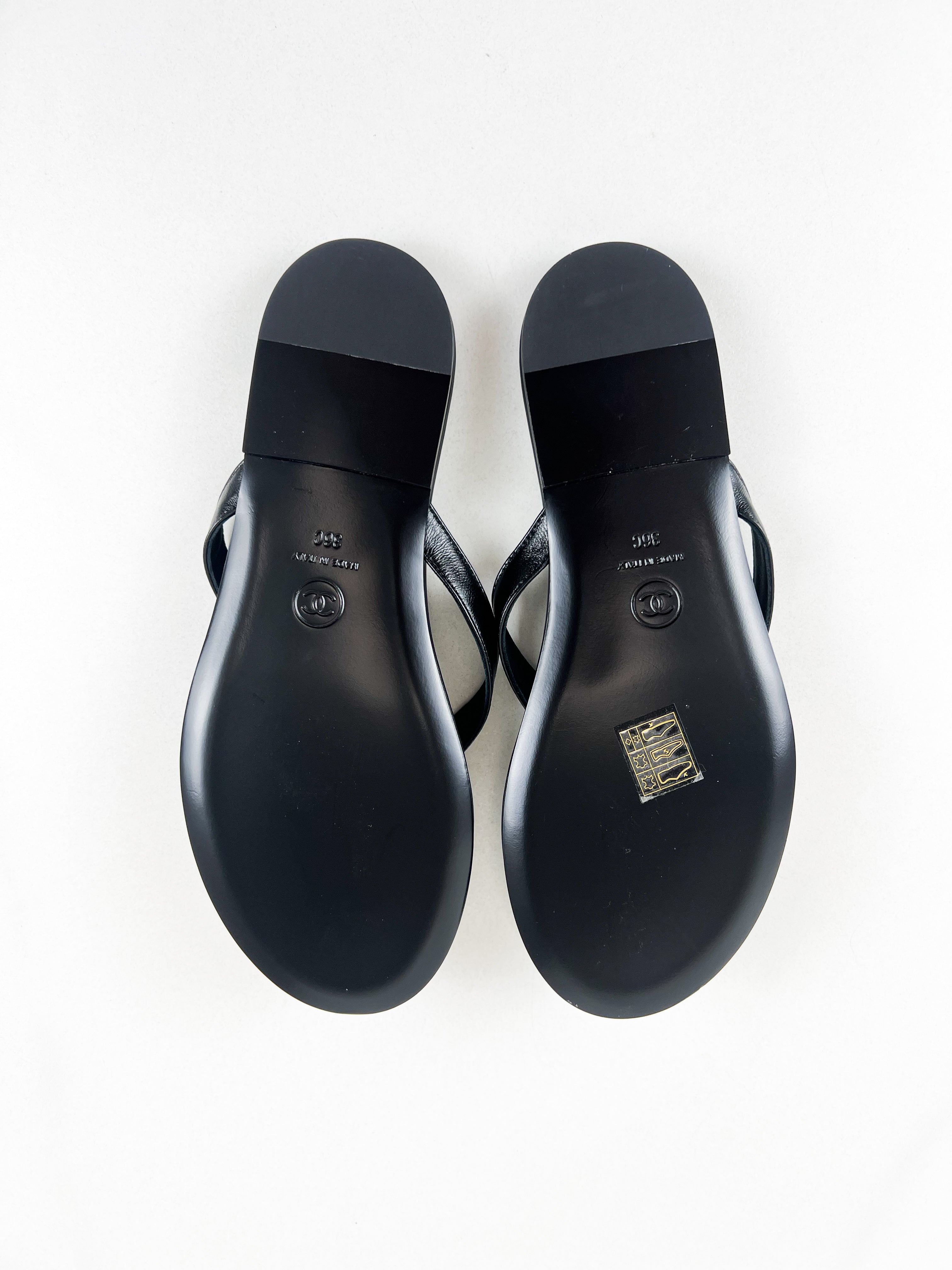 Chanel Shiny Lambskin Crystal CC Thong Sandal Size 36C
