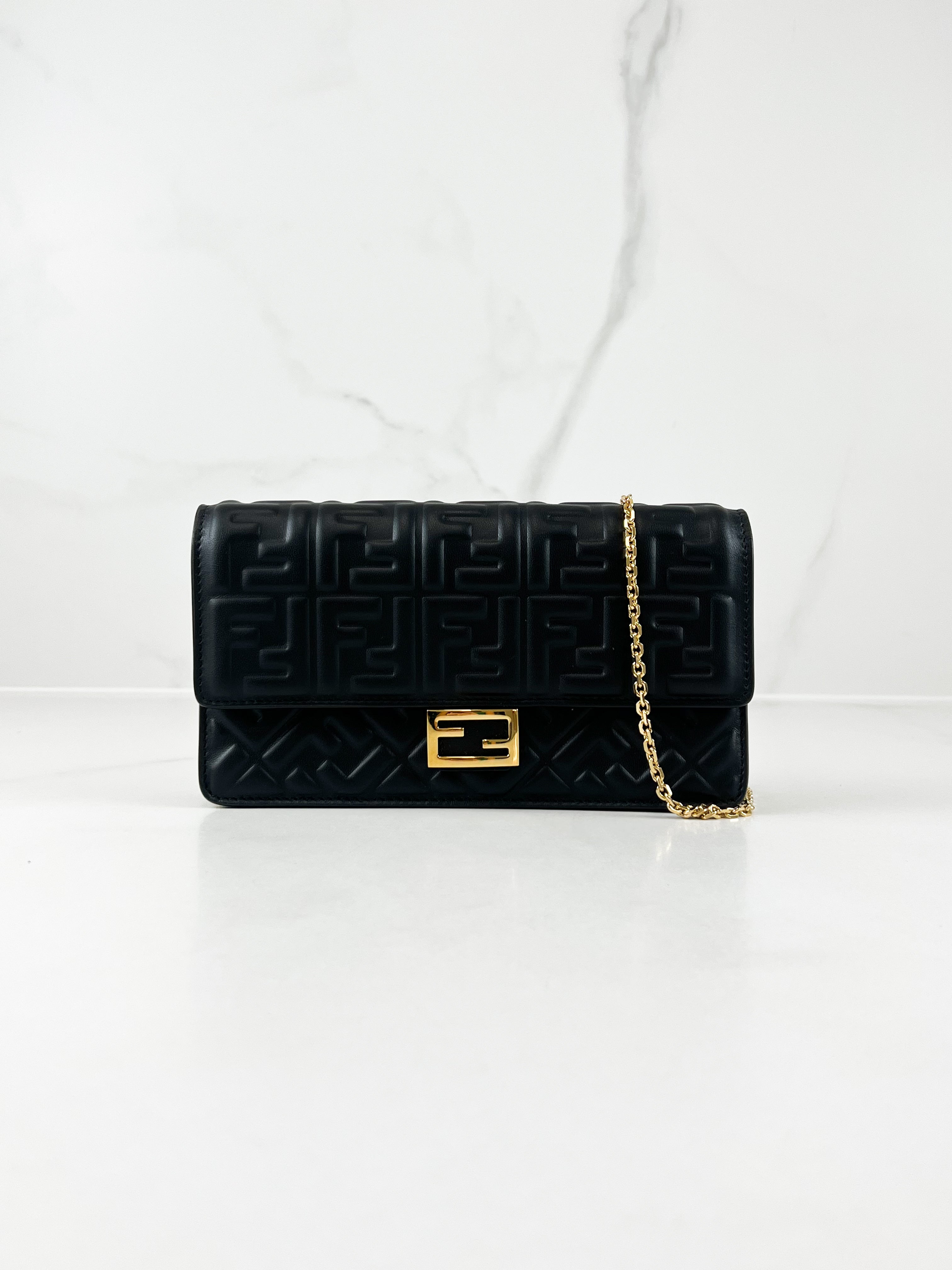 Fendi FF Wallet On Chain Baguette in Black Nappa Leather