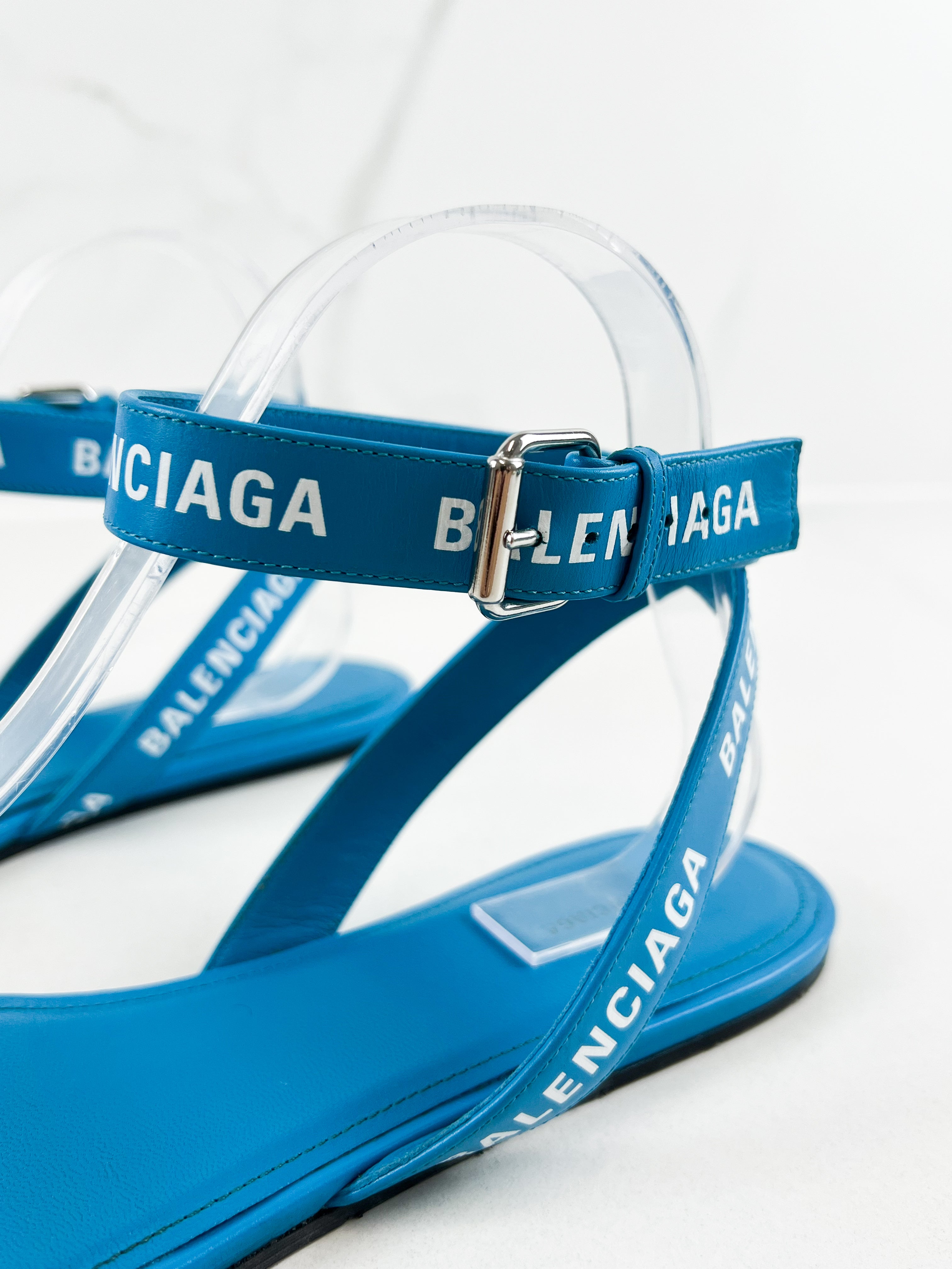 Balenciaga Blue Leather Flat Strap Slides Size 39