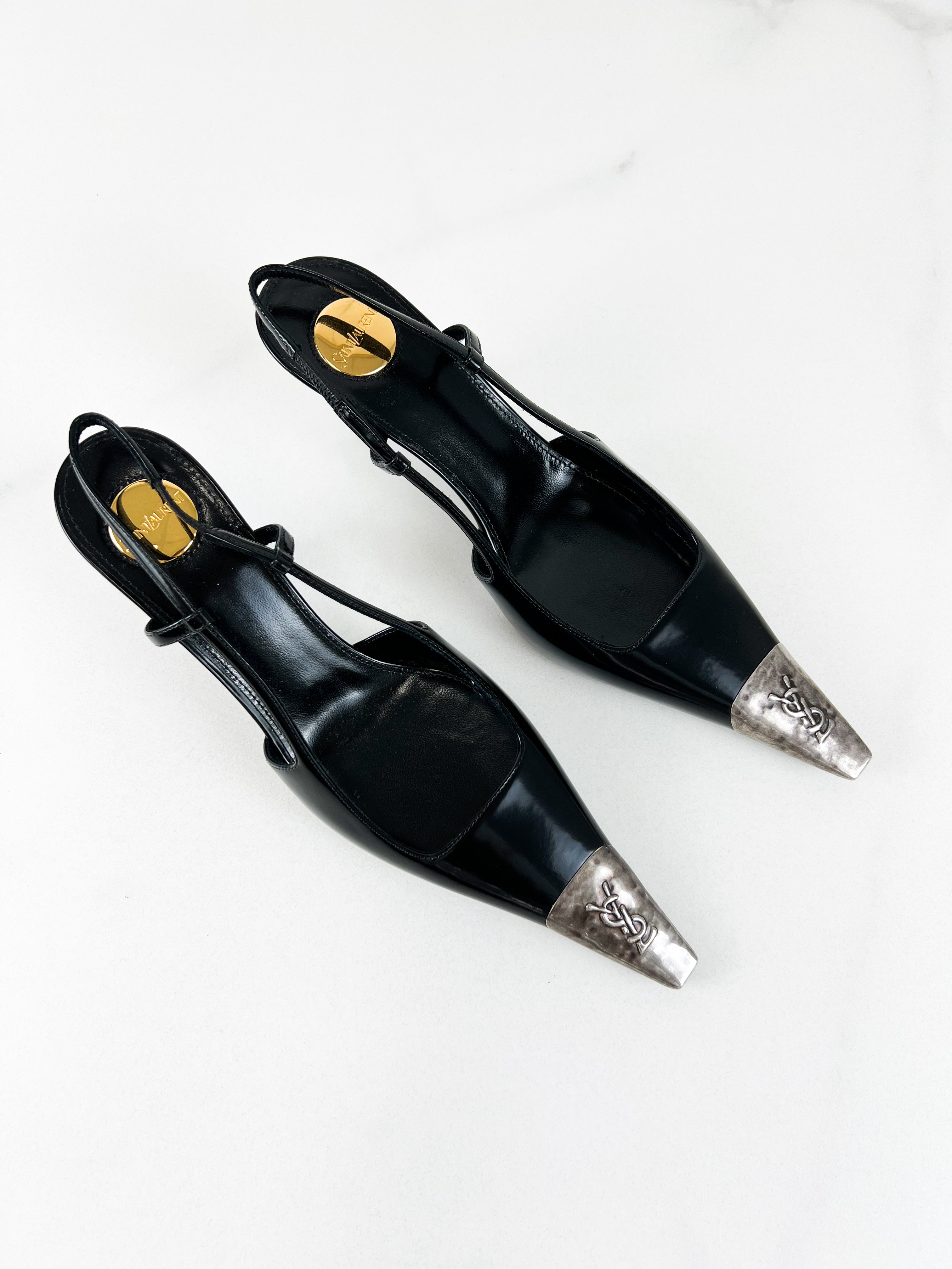 Saint Laurent Jenne Leather Pumps with Silver-tone Metal Cap Toe Size 36