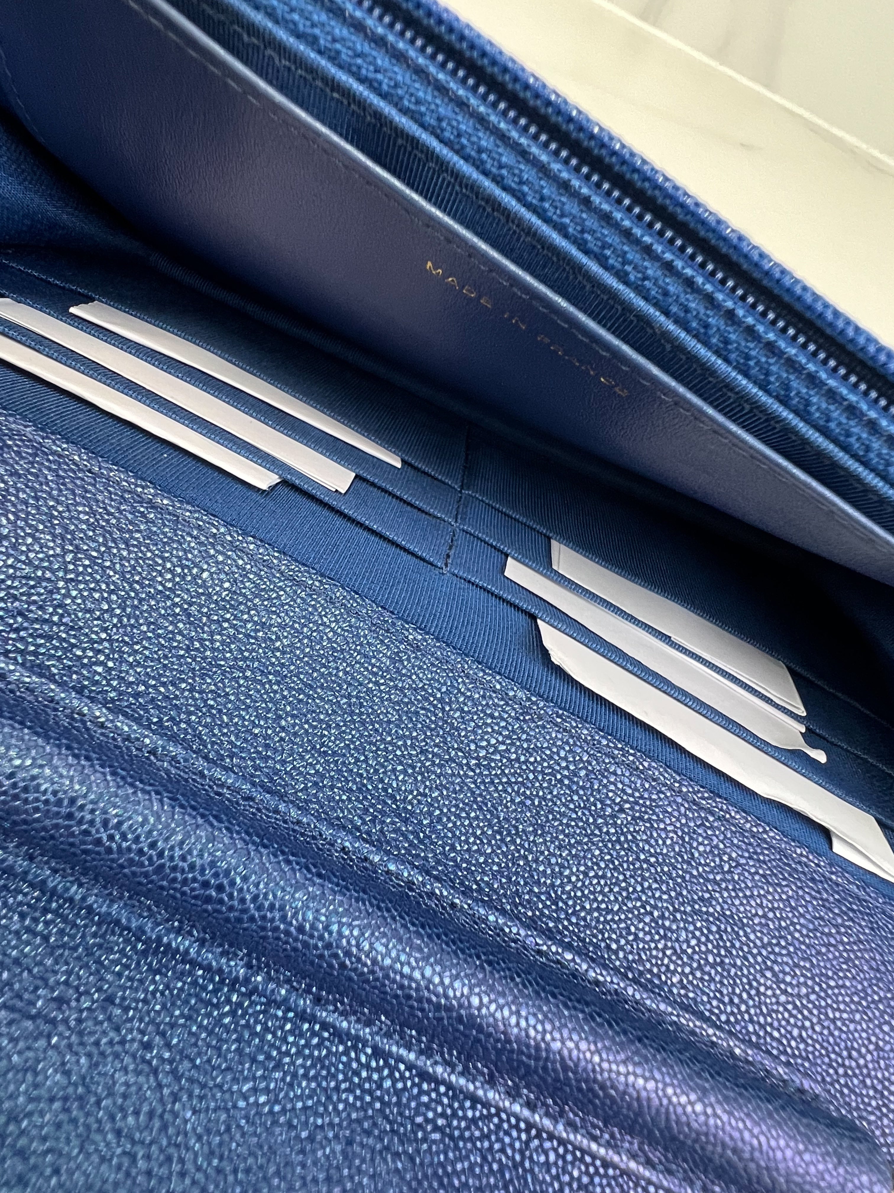 Chanel Metallic Blue Caviar Wallet on Chain with GHW