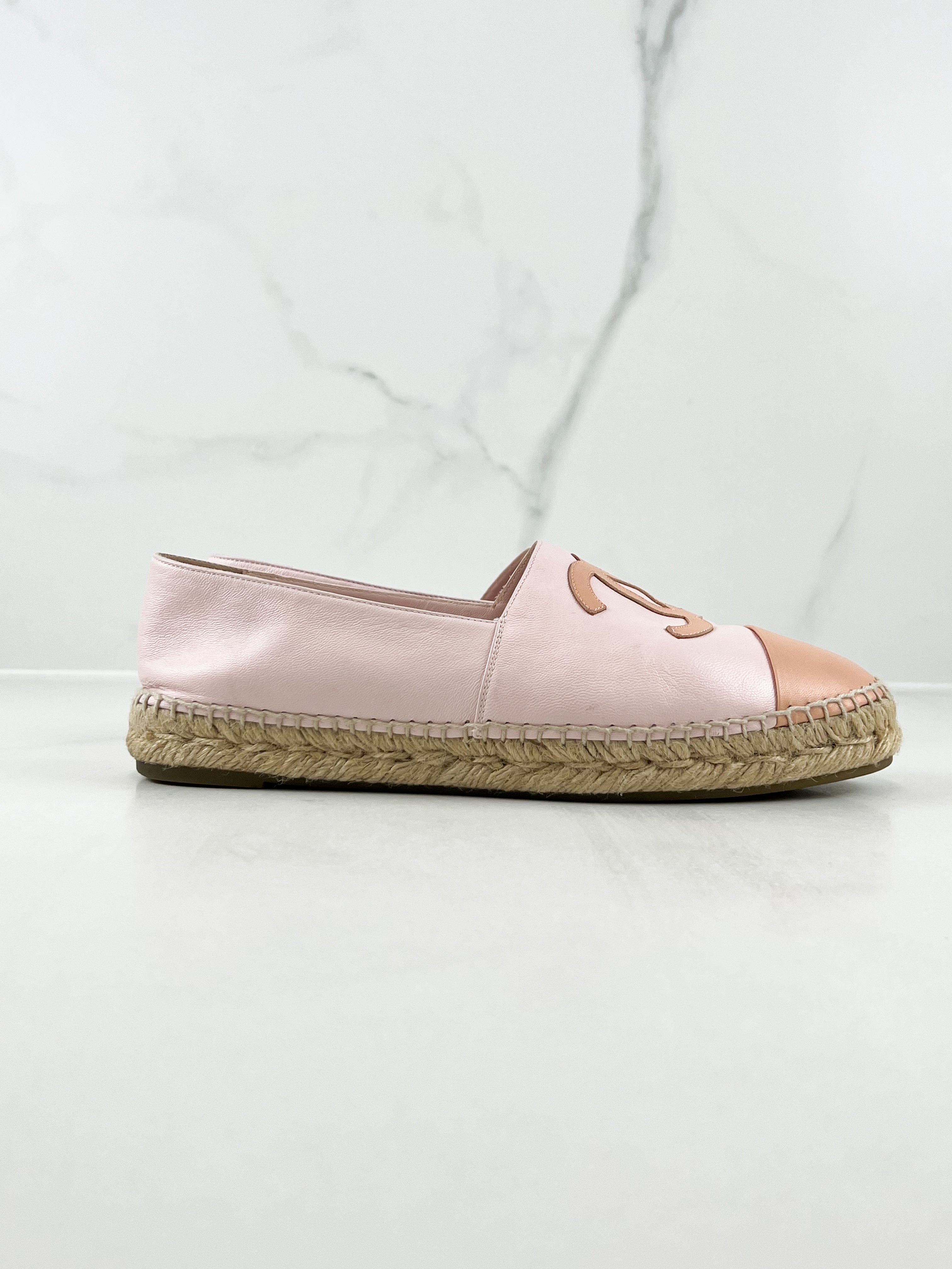 Chanel CC Logo Pink Leather Espadrilles Size 41