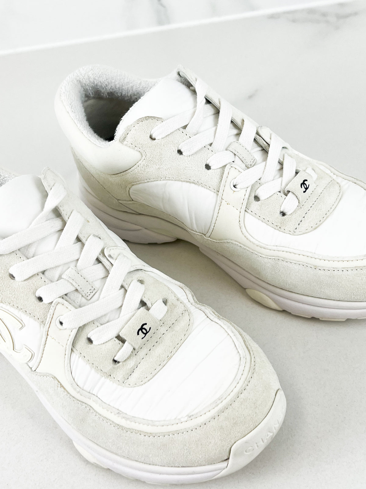 Chanel Fabric & Suede CC Low Top Sneakers In Ivory Size 37.5