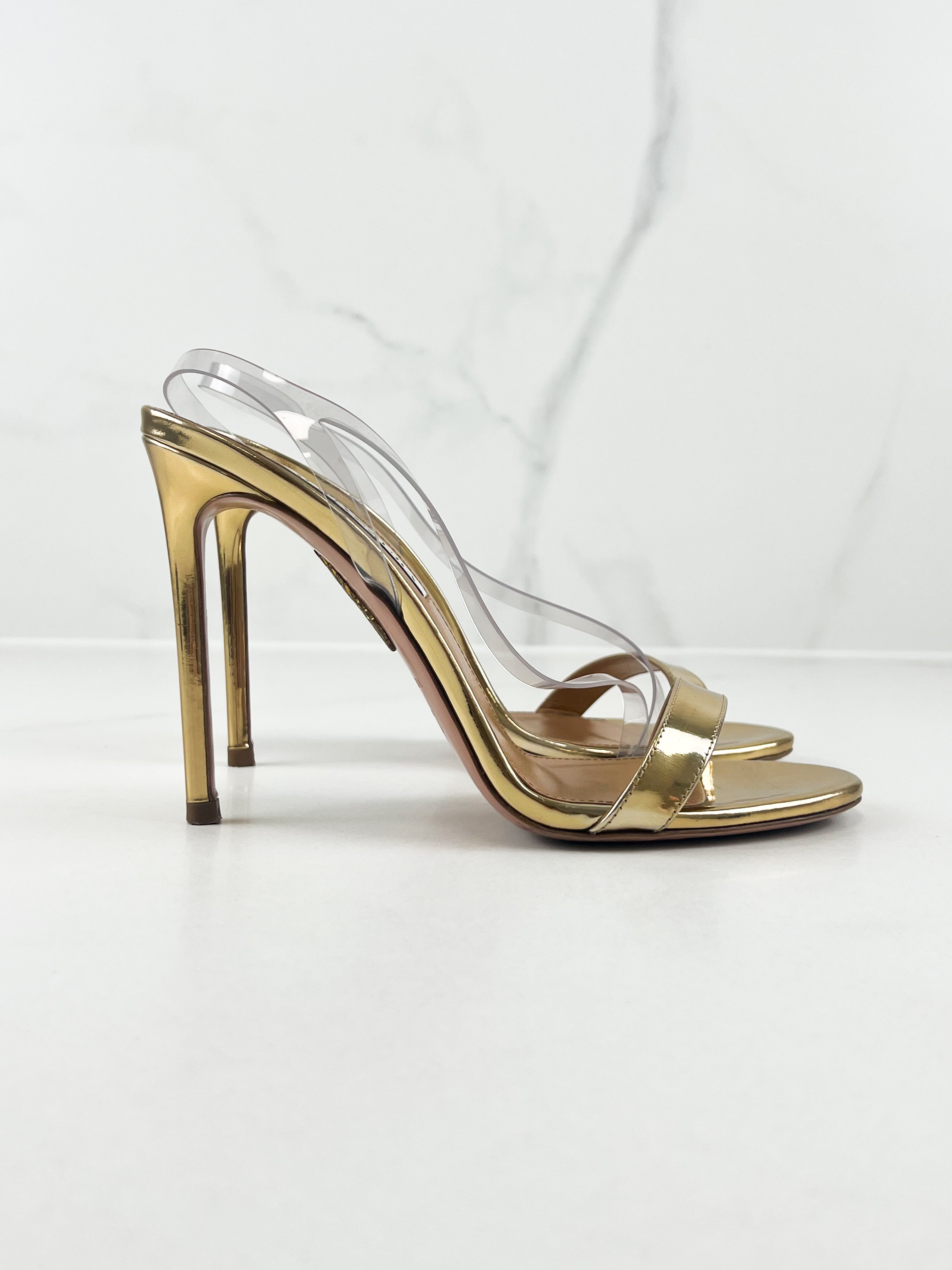 Aquazzura Kiss Sandal 105mm in PVC & Gold Size 38