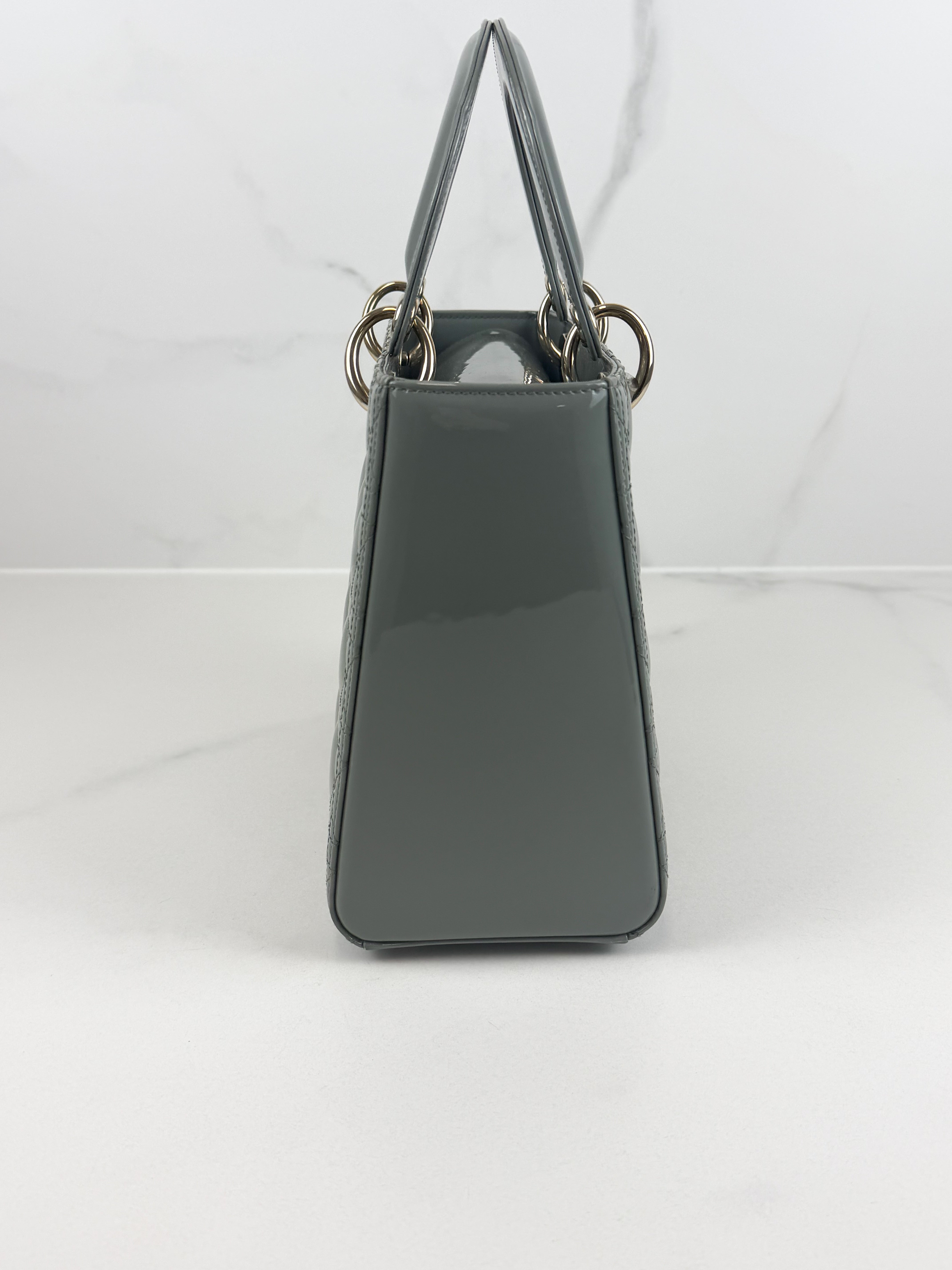 Christian Dior Medium Lady Dior In Grey Patent with GHW