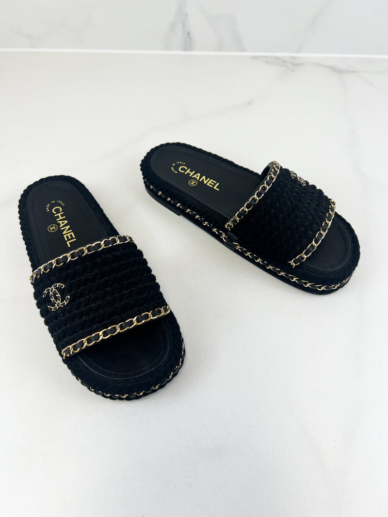 Chanel Black/Gold Woven Slides Size 38