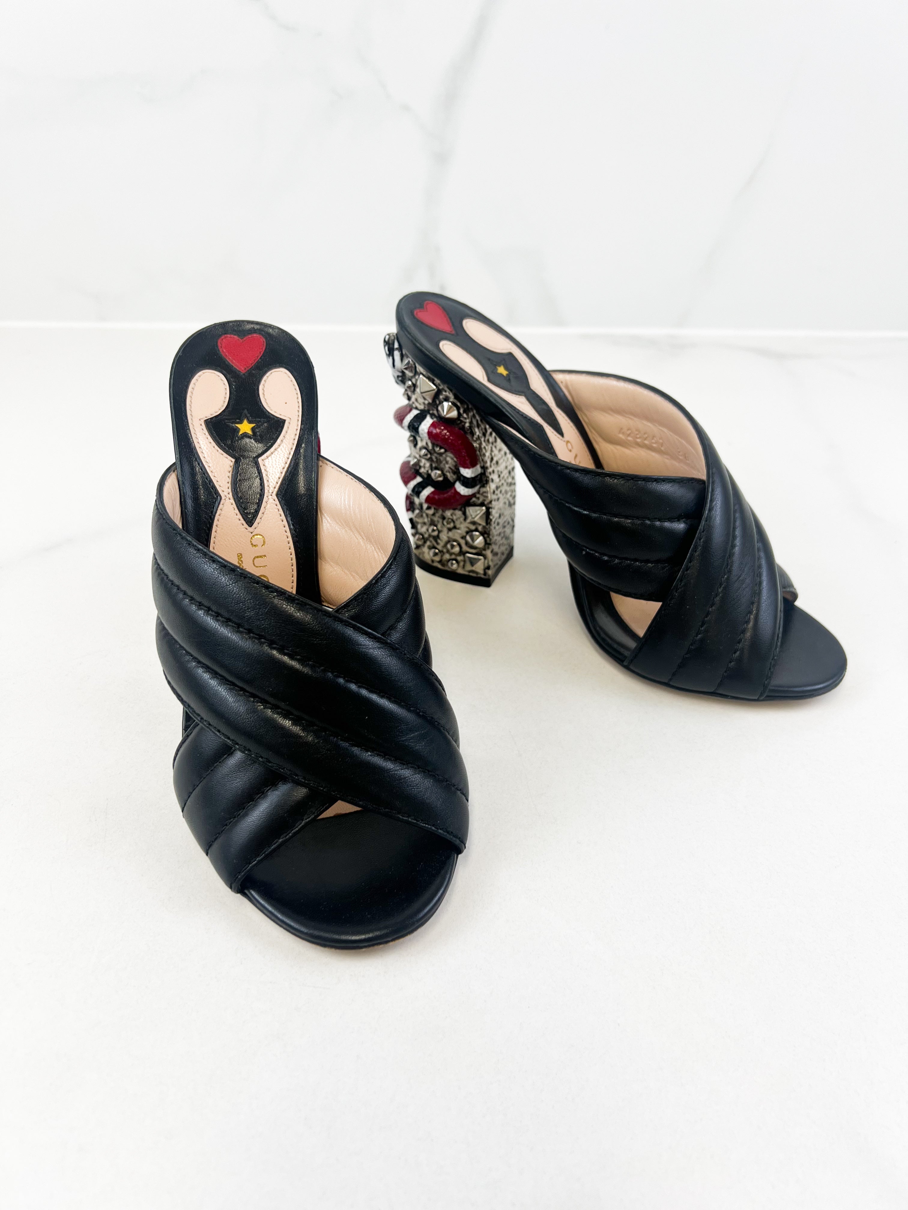 Gucci Webby Quilted Leather Snake Heel Mules Size 38