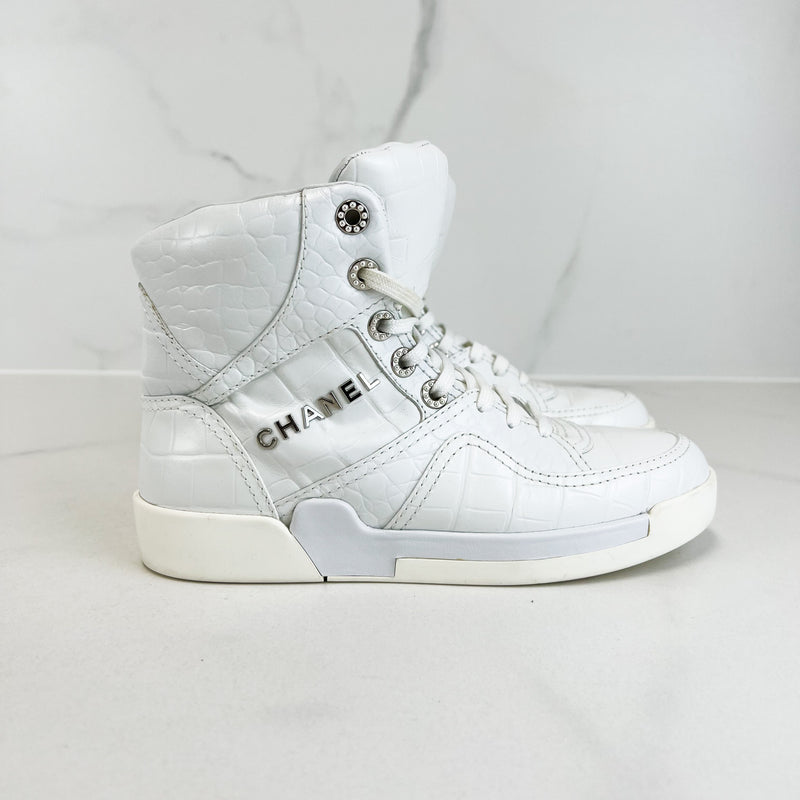 Chanel Croc-Embossed White CC High-Top Sneaker Size 37.5