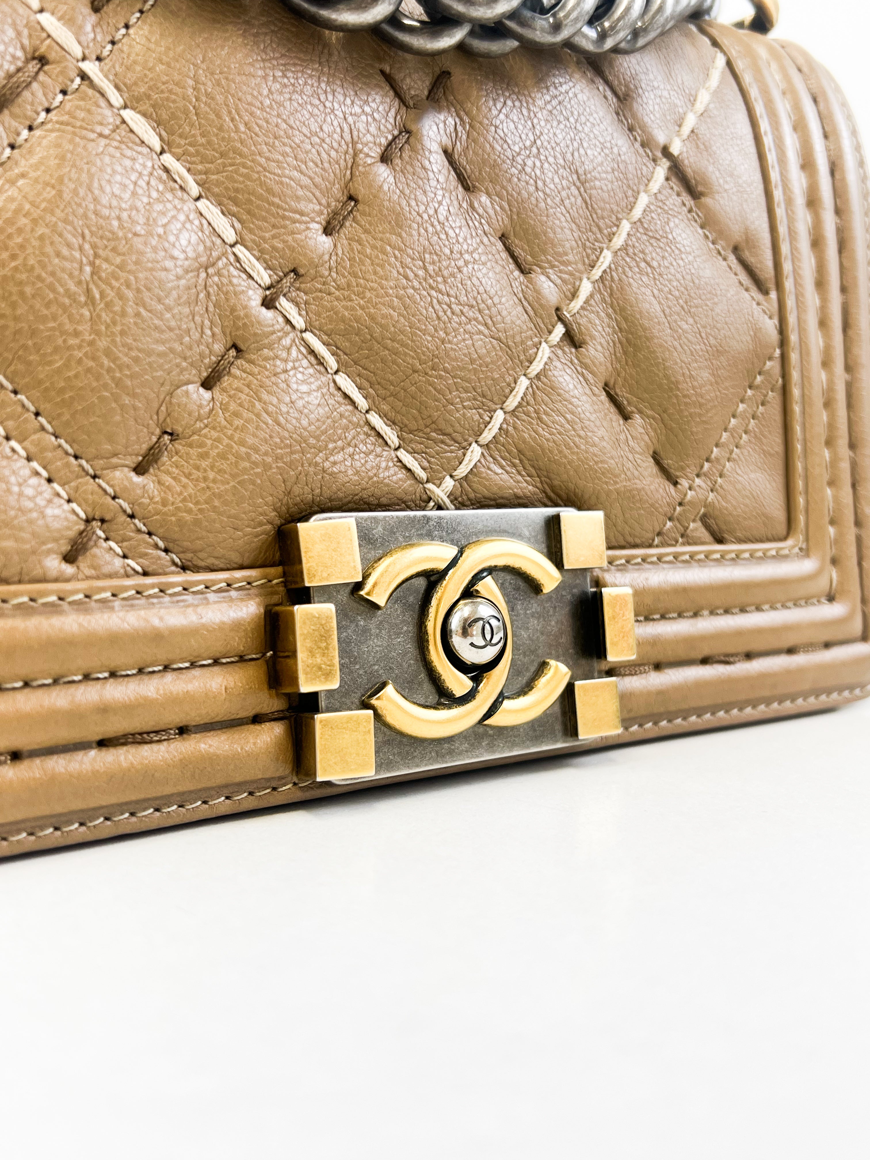Chanel Small Beige Boy Bag Calfskin Ruthenium & Gold HW