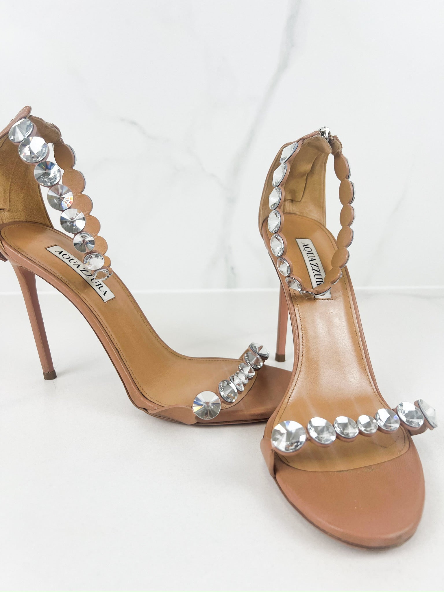 Aquazzura Tequila 105mm Crystal-embellished Leather Sandals Size 40