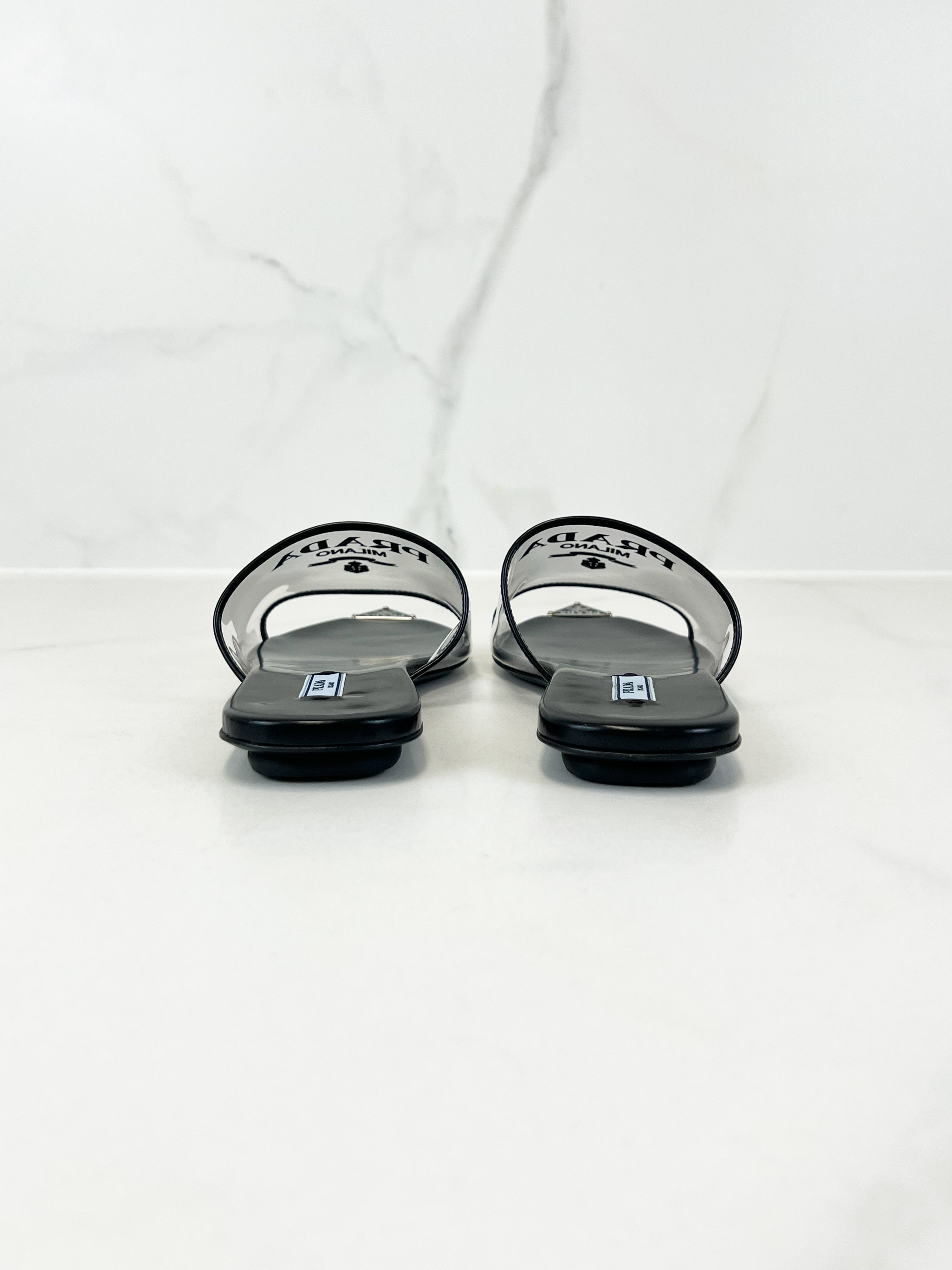 Prada Logo Print Plexiglass Flat Mule Size 37.5