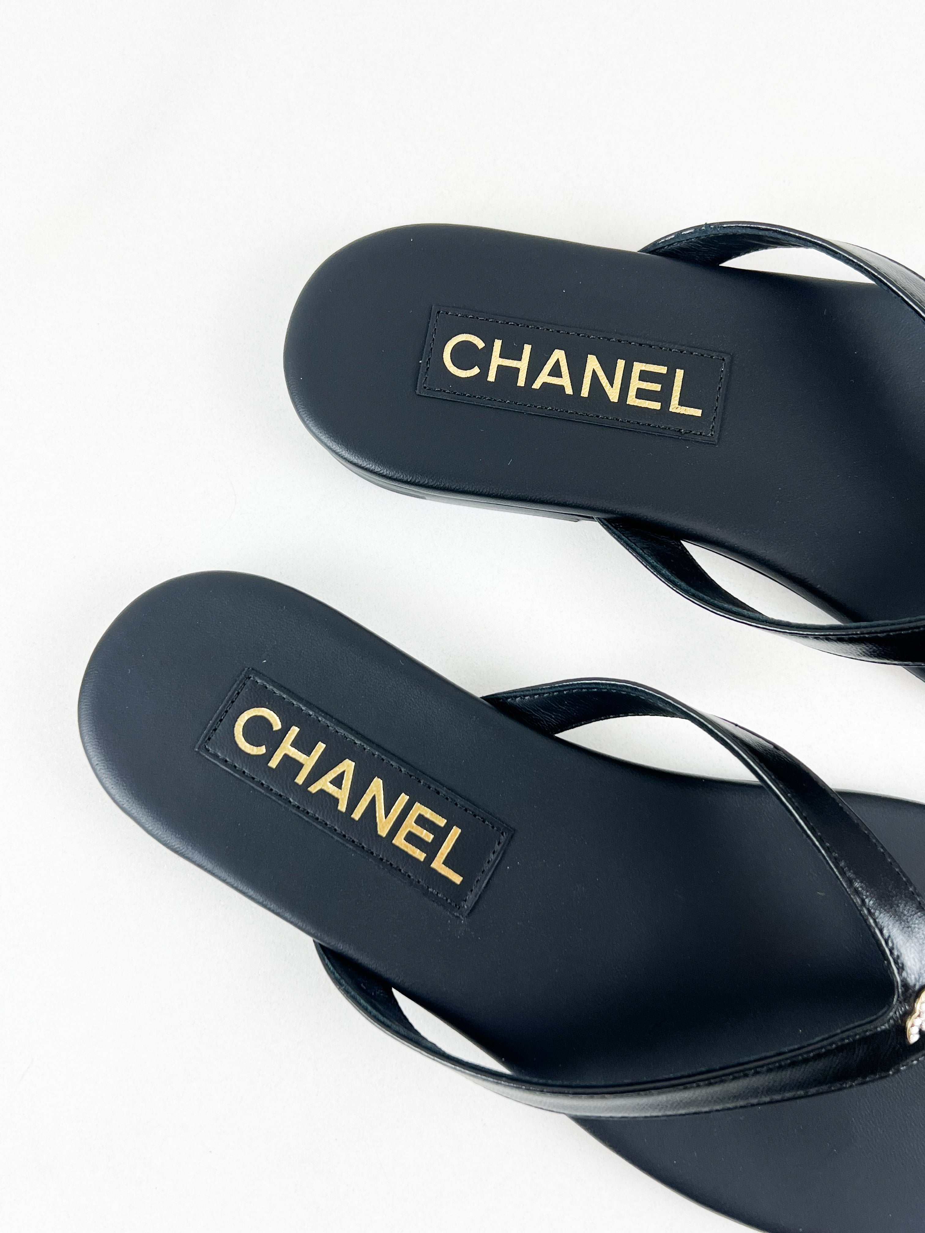 Chanel Shiny Lambskin Crystal CC Thong Sandal Size 36C