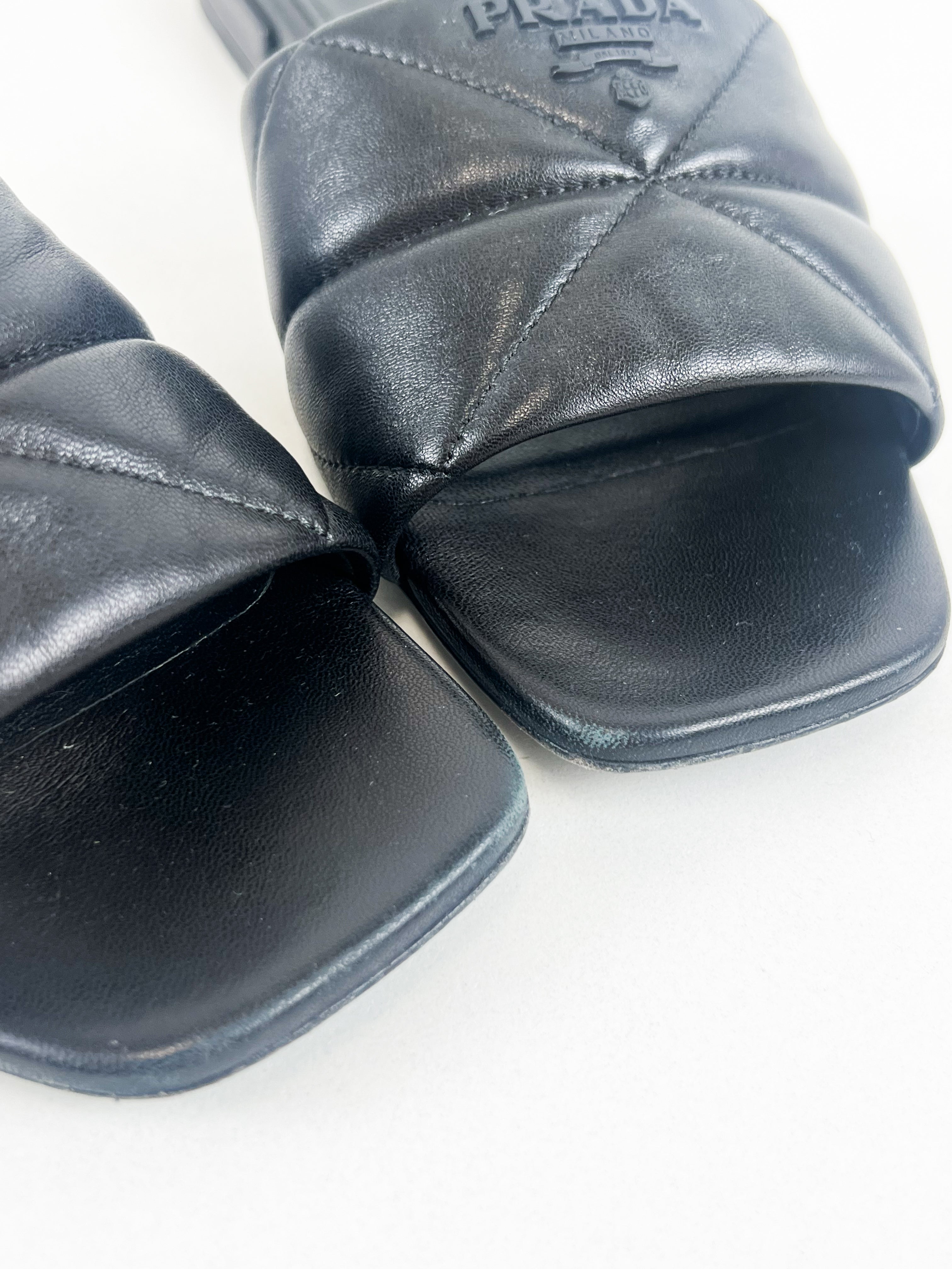 Prada Quilted Nappa Leather Slides in Black Size 38.5