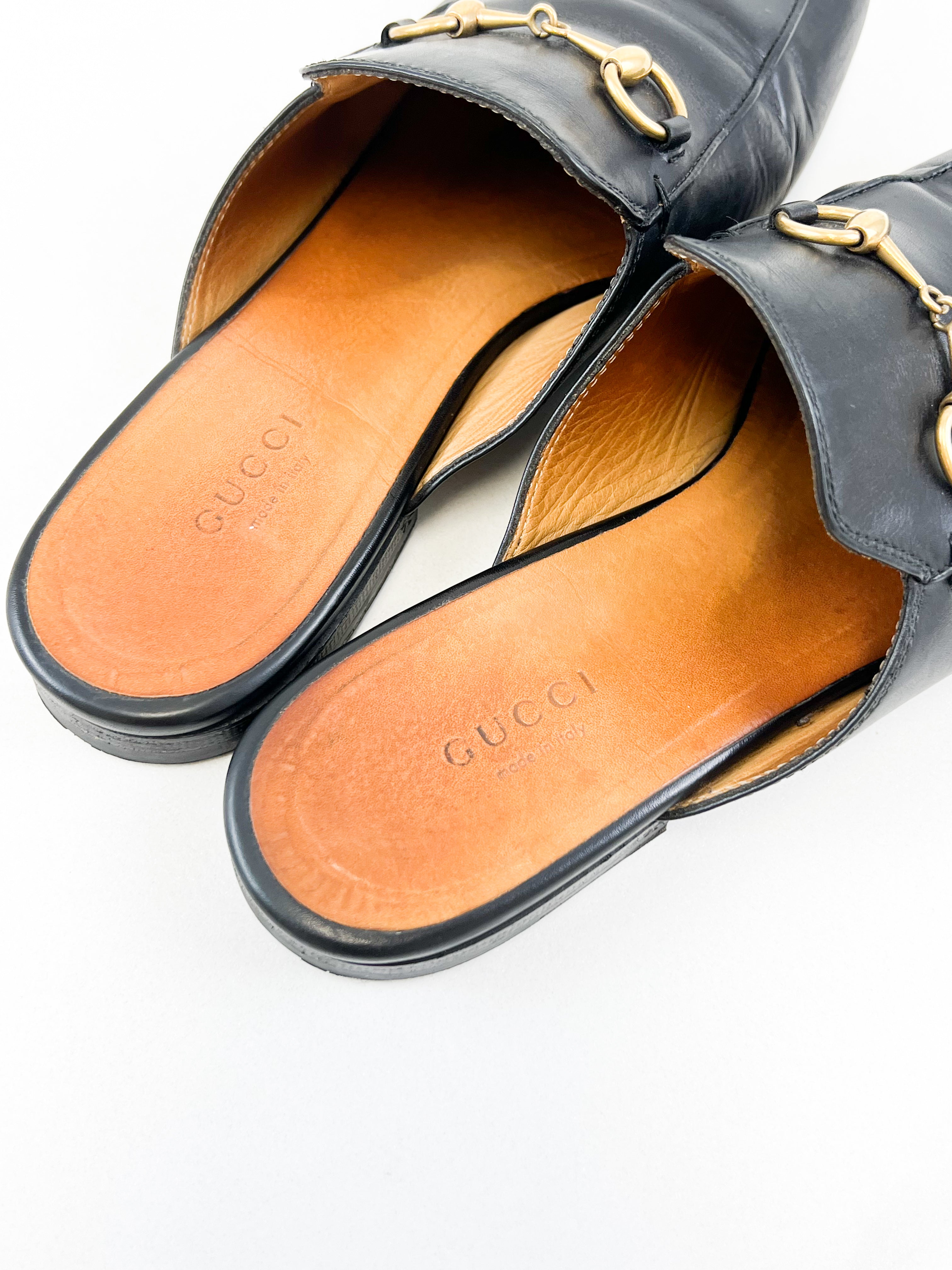 Gucci Black Leather Princetown Horsebit Slipper Size 37.5