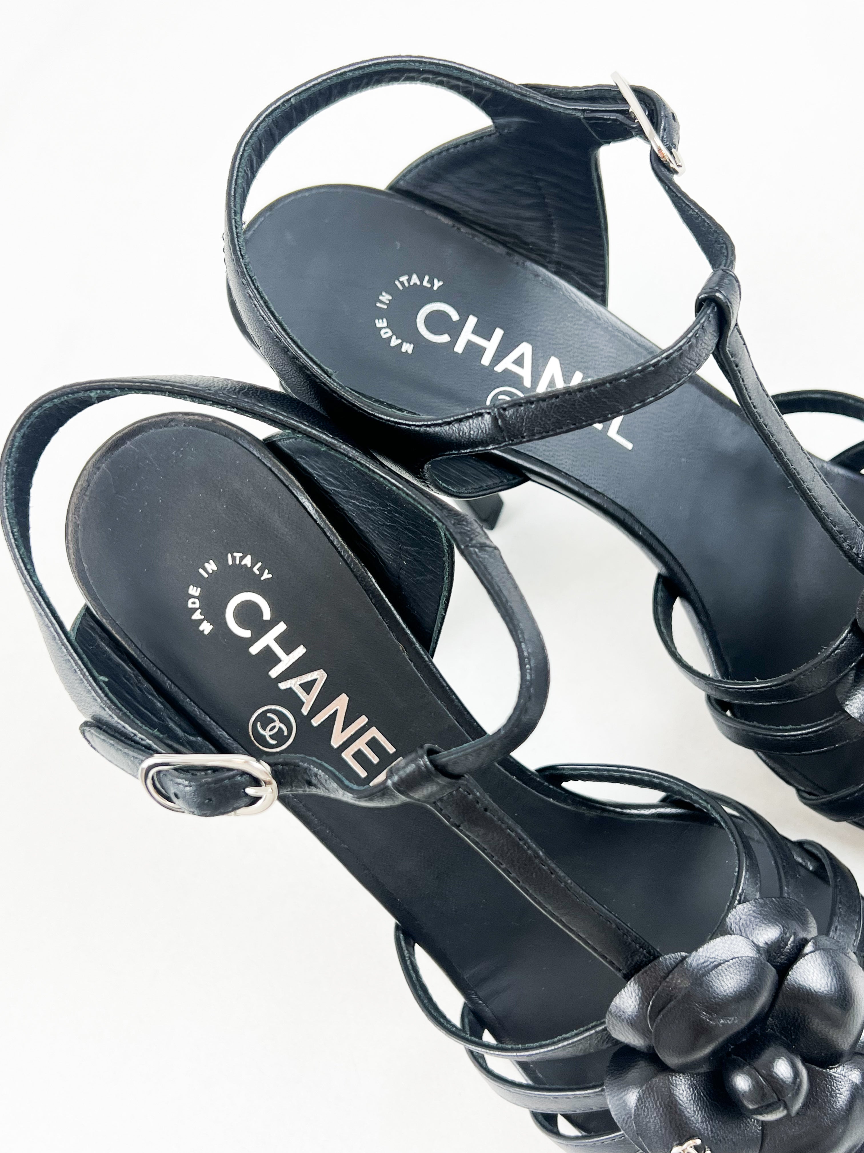 Chanel CC Black Leather Camellia Strappy Sandal