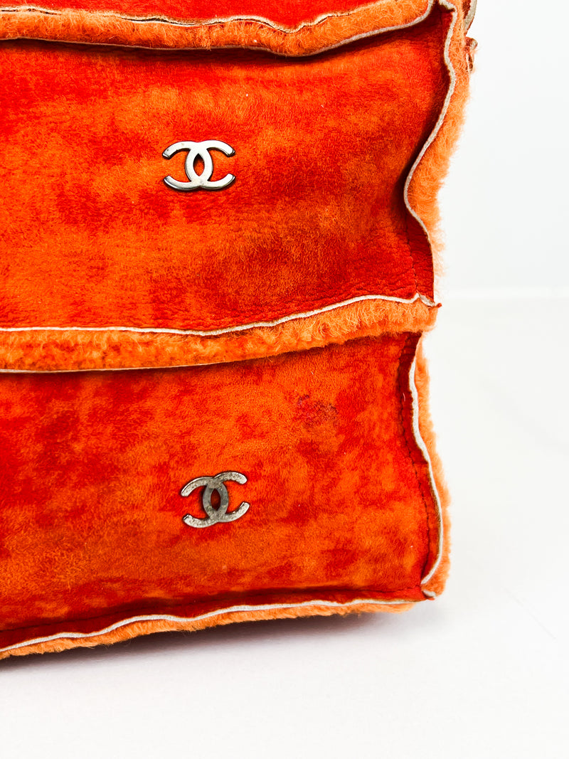 Chanel Vintage Orange Sheepskin Suede Logos Shoulder Bag