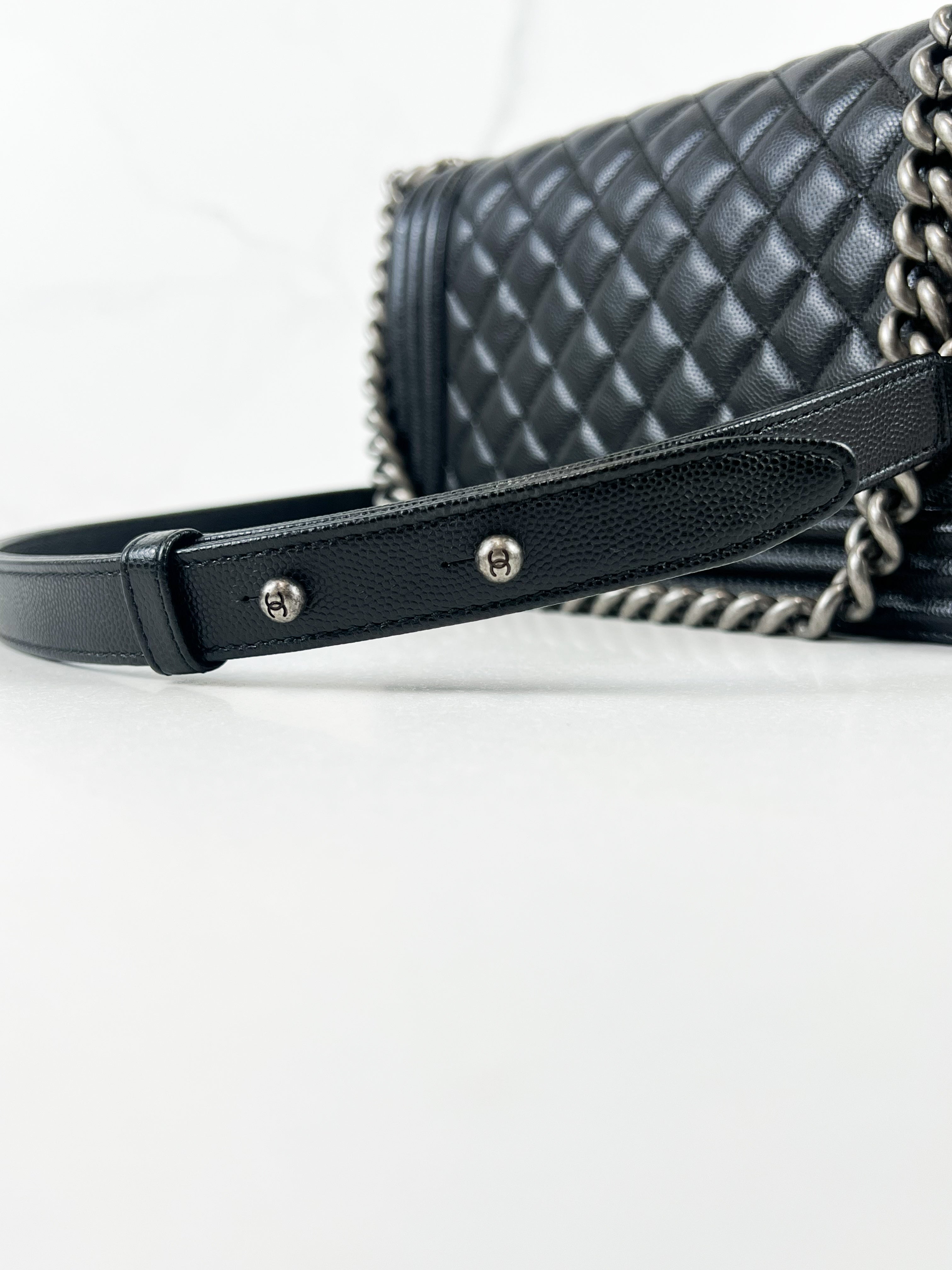Chanel Old Medium Boy Bag in Black Quilted Caviar with Ruthenium Hardware