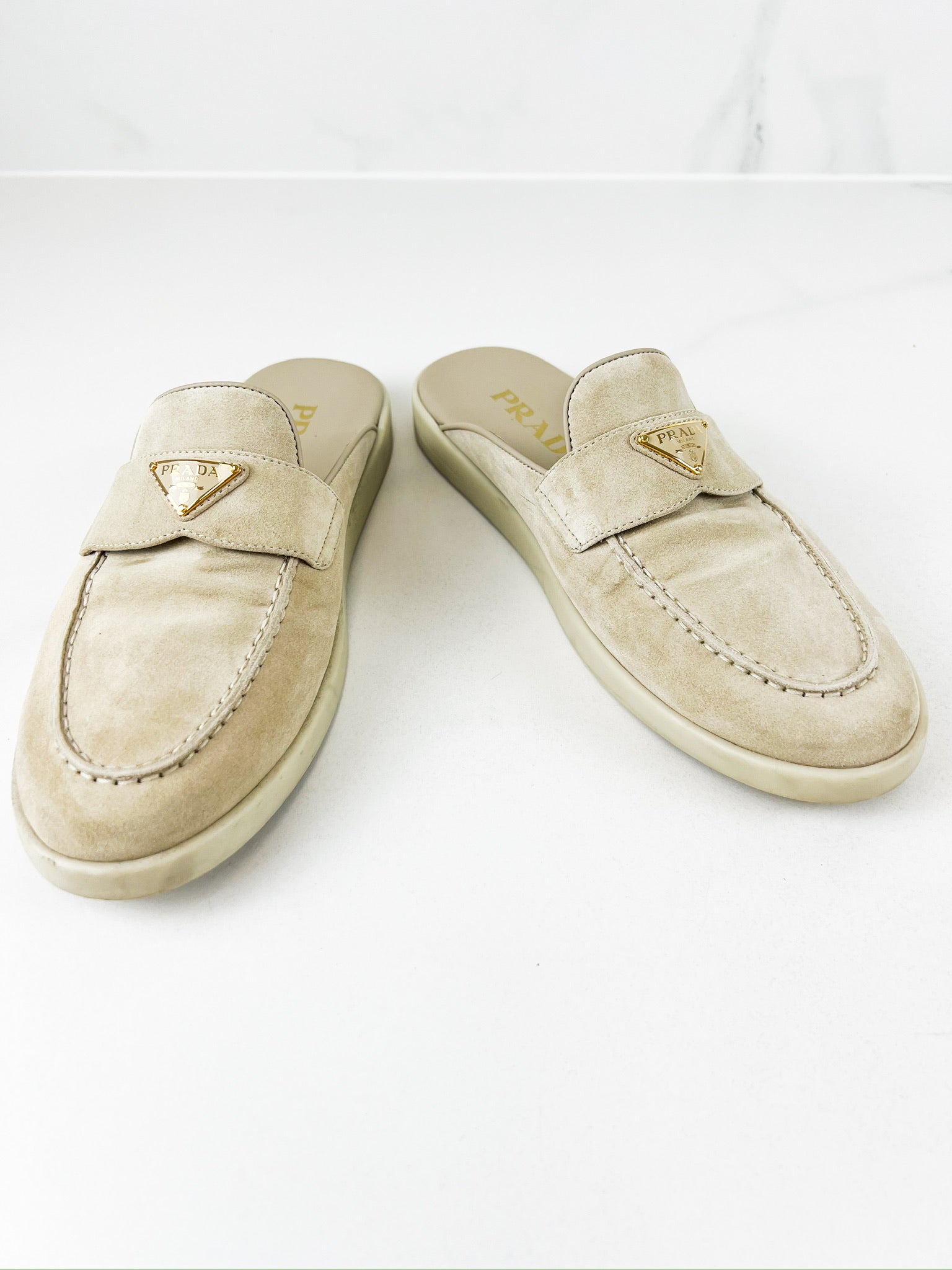 Prada Beige Suede Logo Mules Size 38