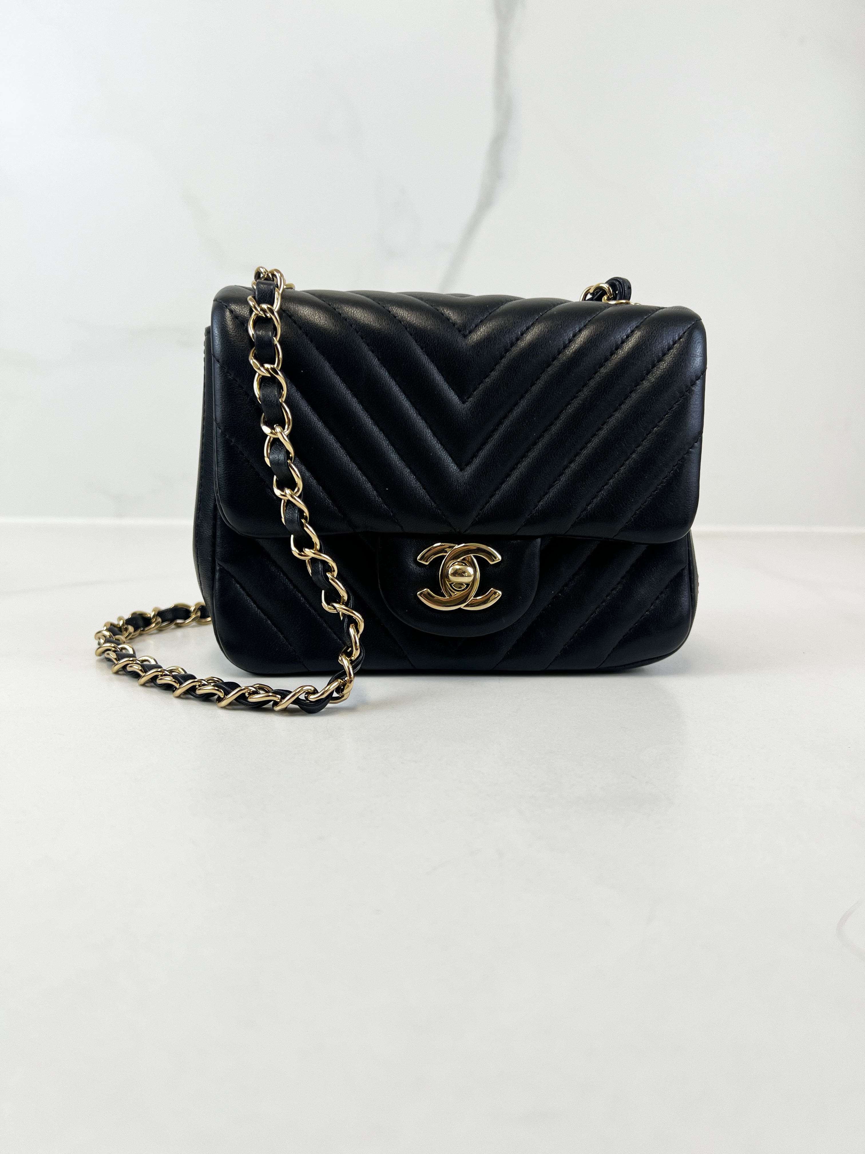 Chanel Mini Square in Black Chevron with GHW