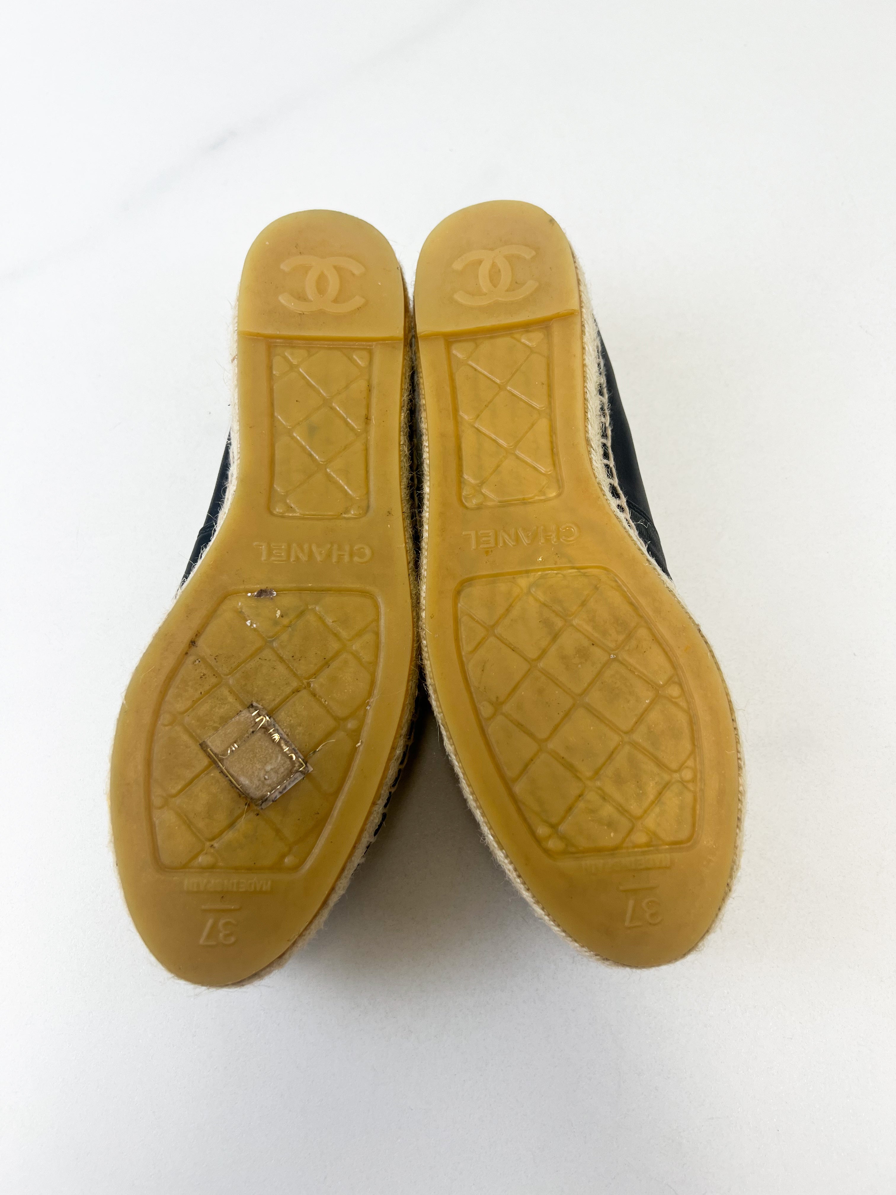 Chanel CC Logo Black Leather Espadrilles Size 37