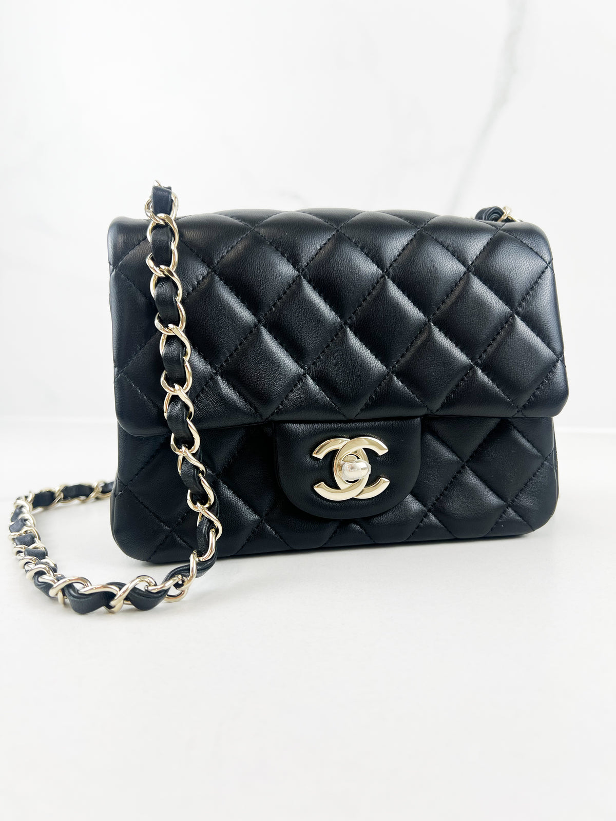 Chanel Mini Square in Black Lambskin with Champagne Hardware