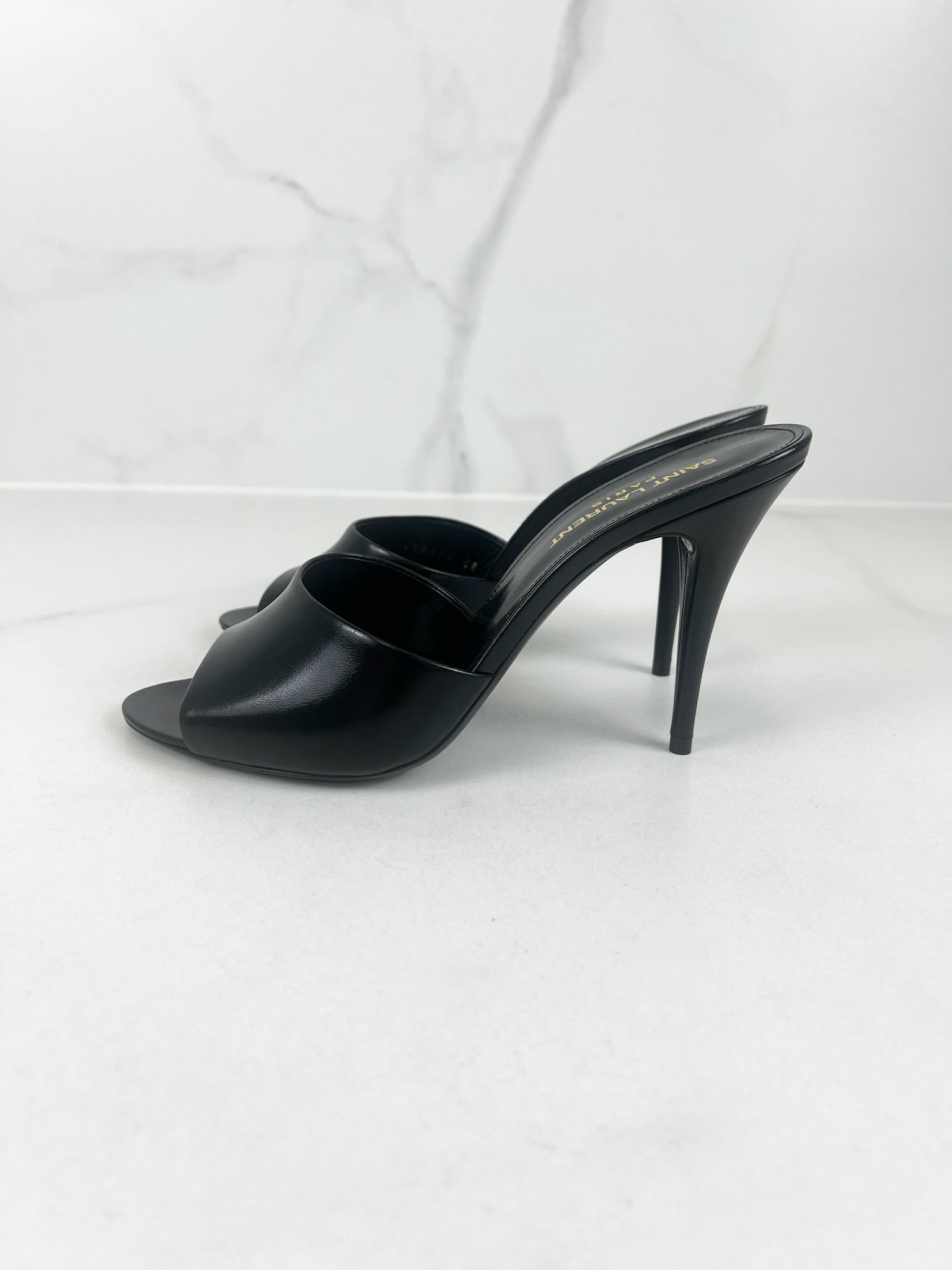 Saint Laurent Black Leather Belfagor Open Toe Slide Sandals Size 38
