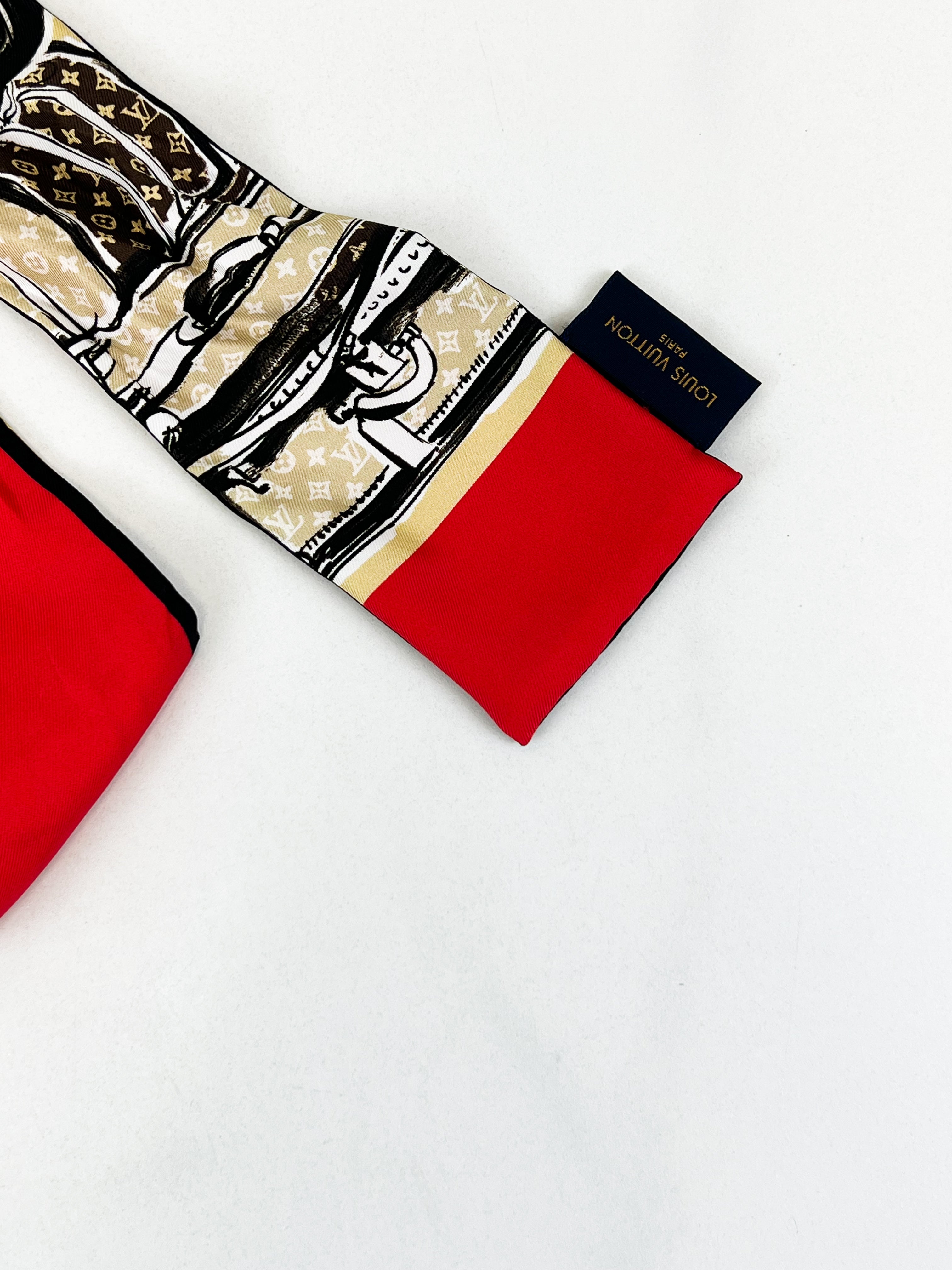 Louis Vuitton Beige & Red Silk Monogram Trunks Bandeau Twilly