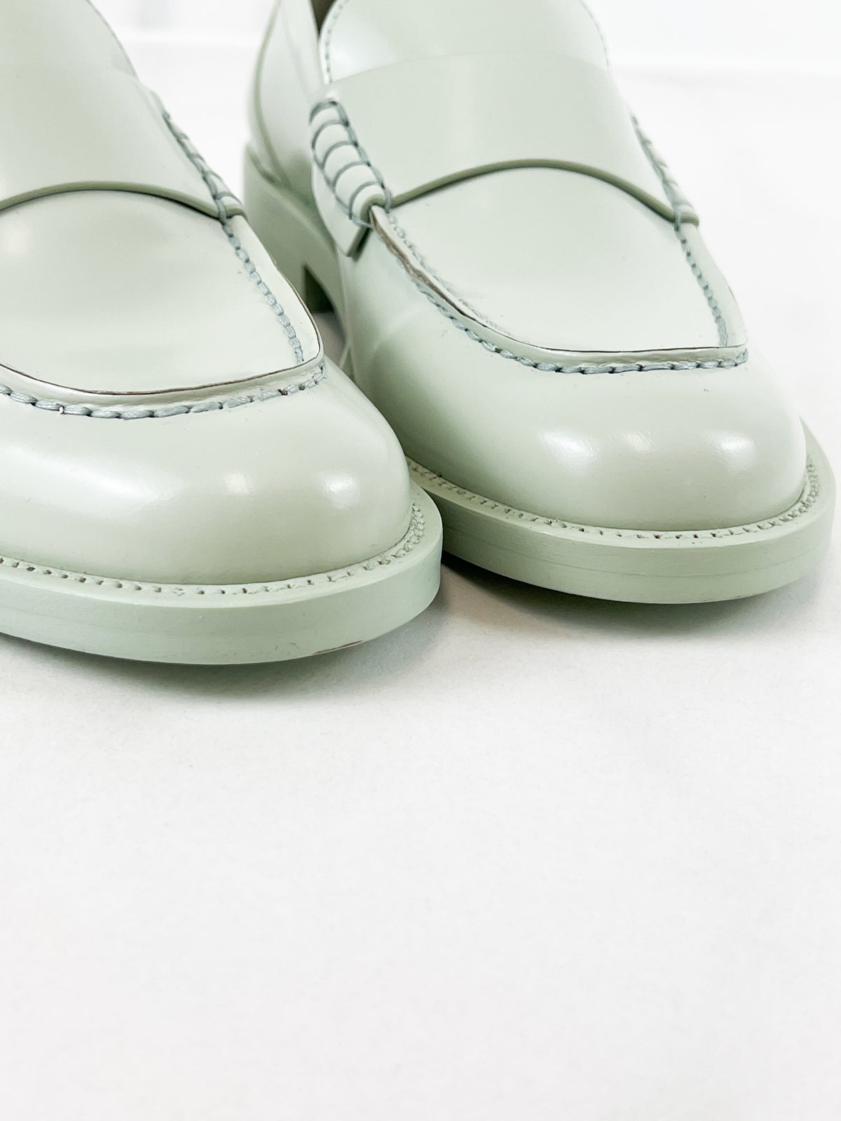 Chanel Patent Calf Skin Pale Green Logo Loafer Size 37.5C