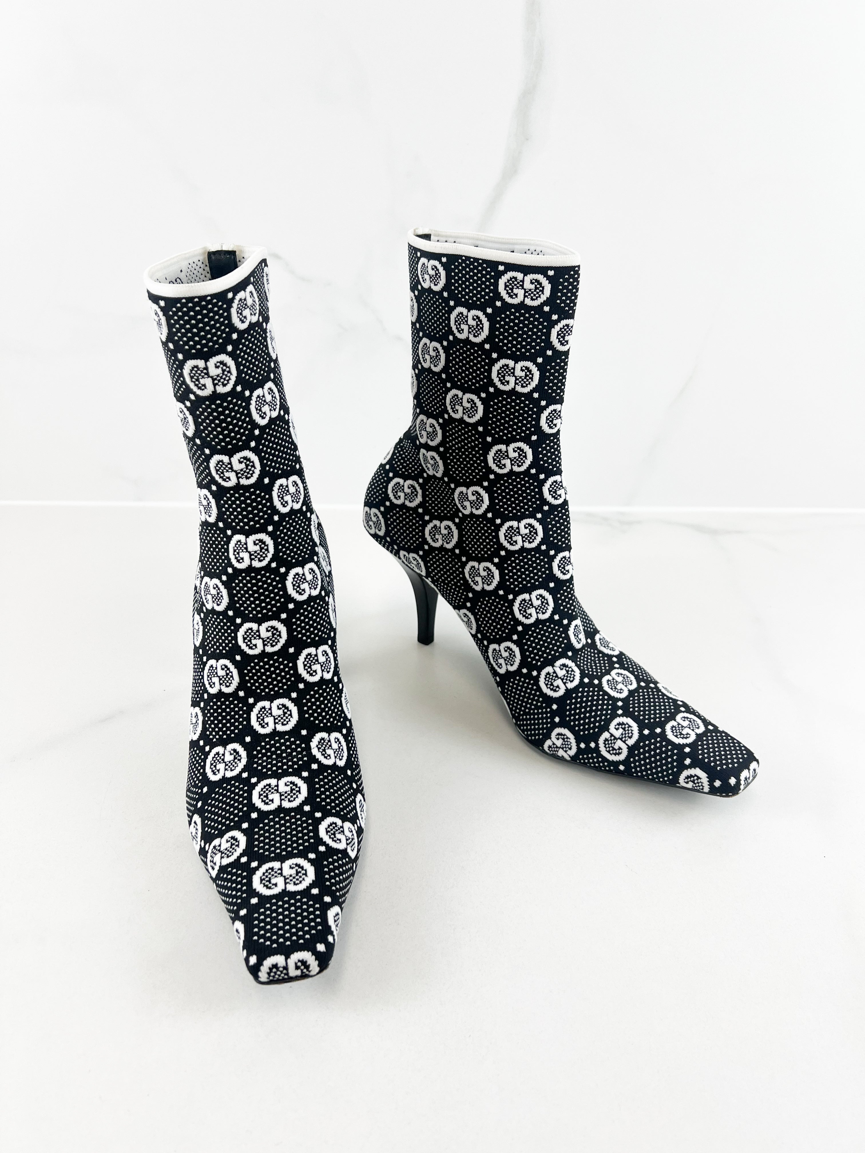 Gucci GG Logo Knit Ankle Boots in Black & White Size 39