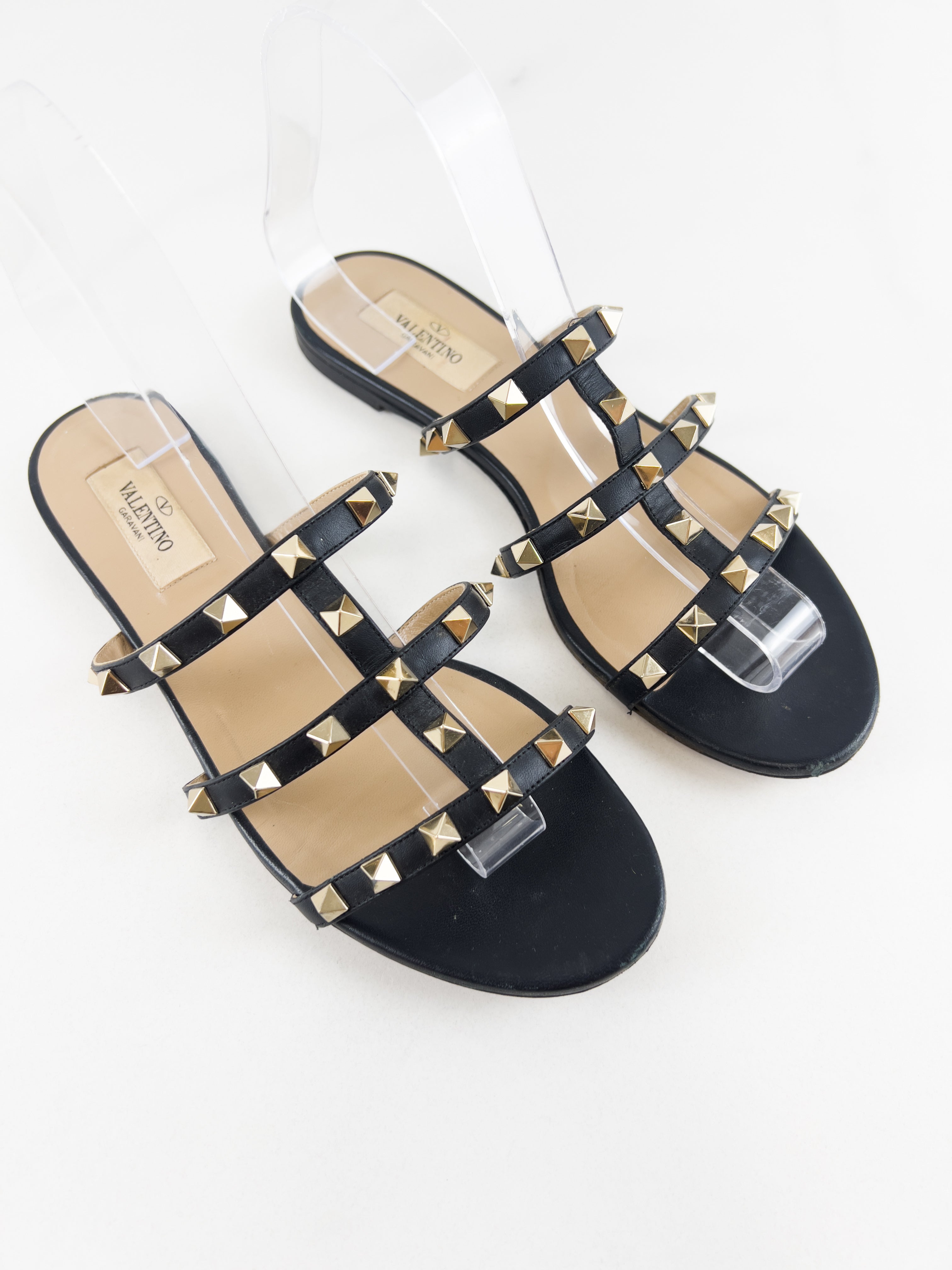 Valentino Garavani Caged Black Rockstud Slides Size 37