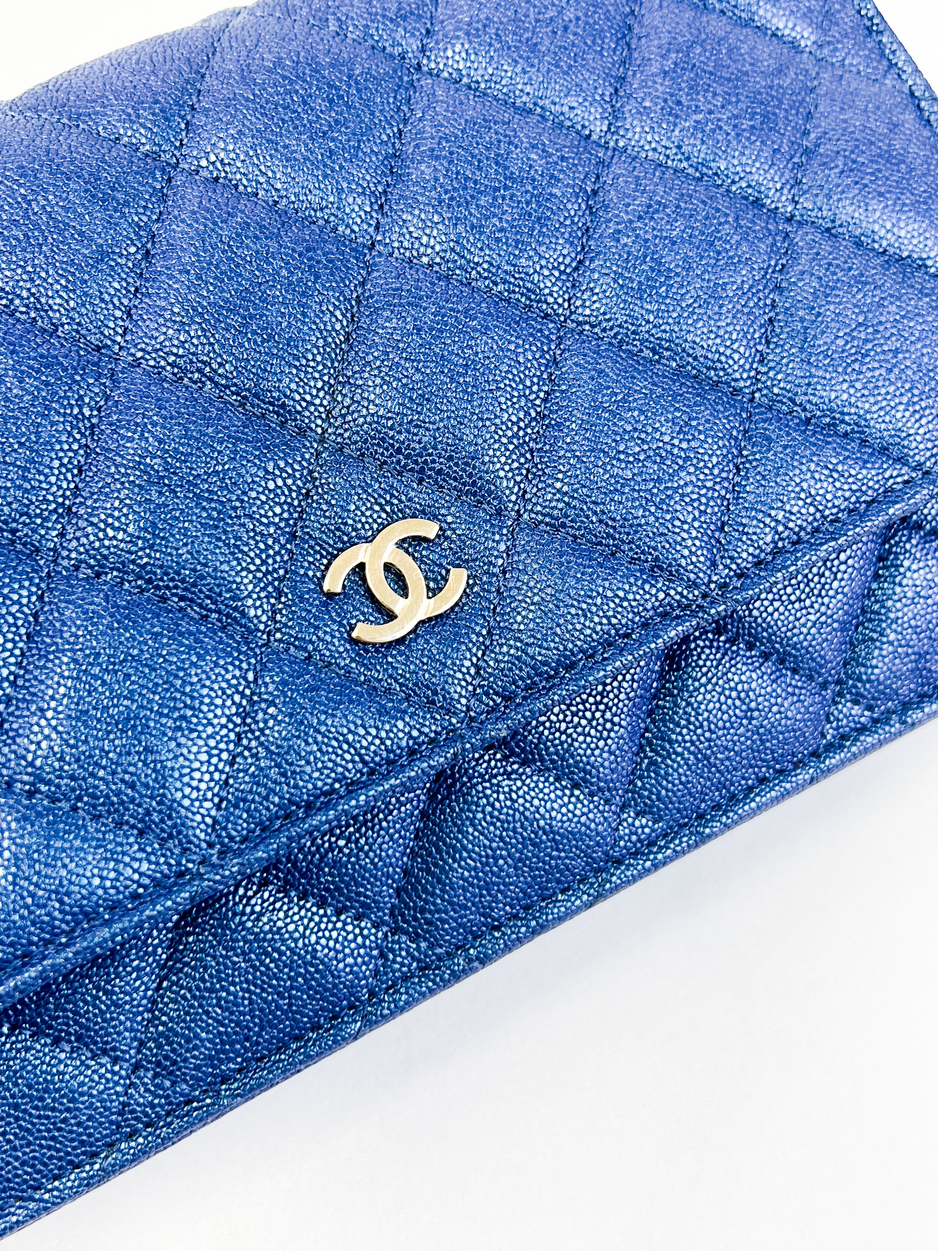 Chanel Metallic Blue Caviar Wallet on Chain with GHW