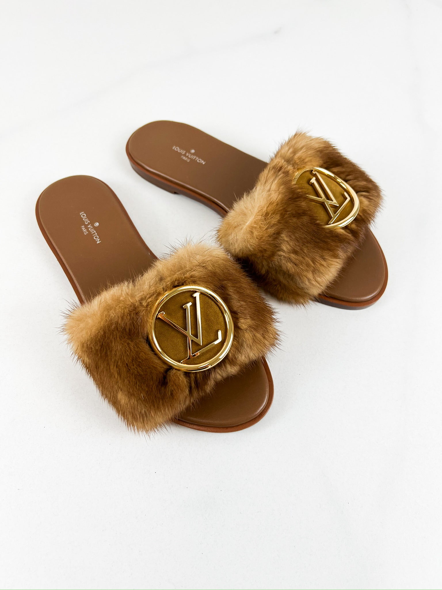 Louis Vuitton Lock It Brown Shearling Flat Slide Size 37