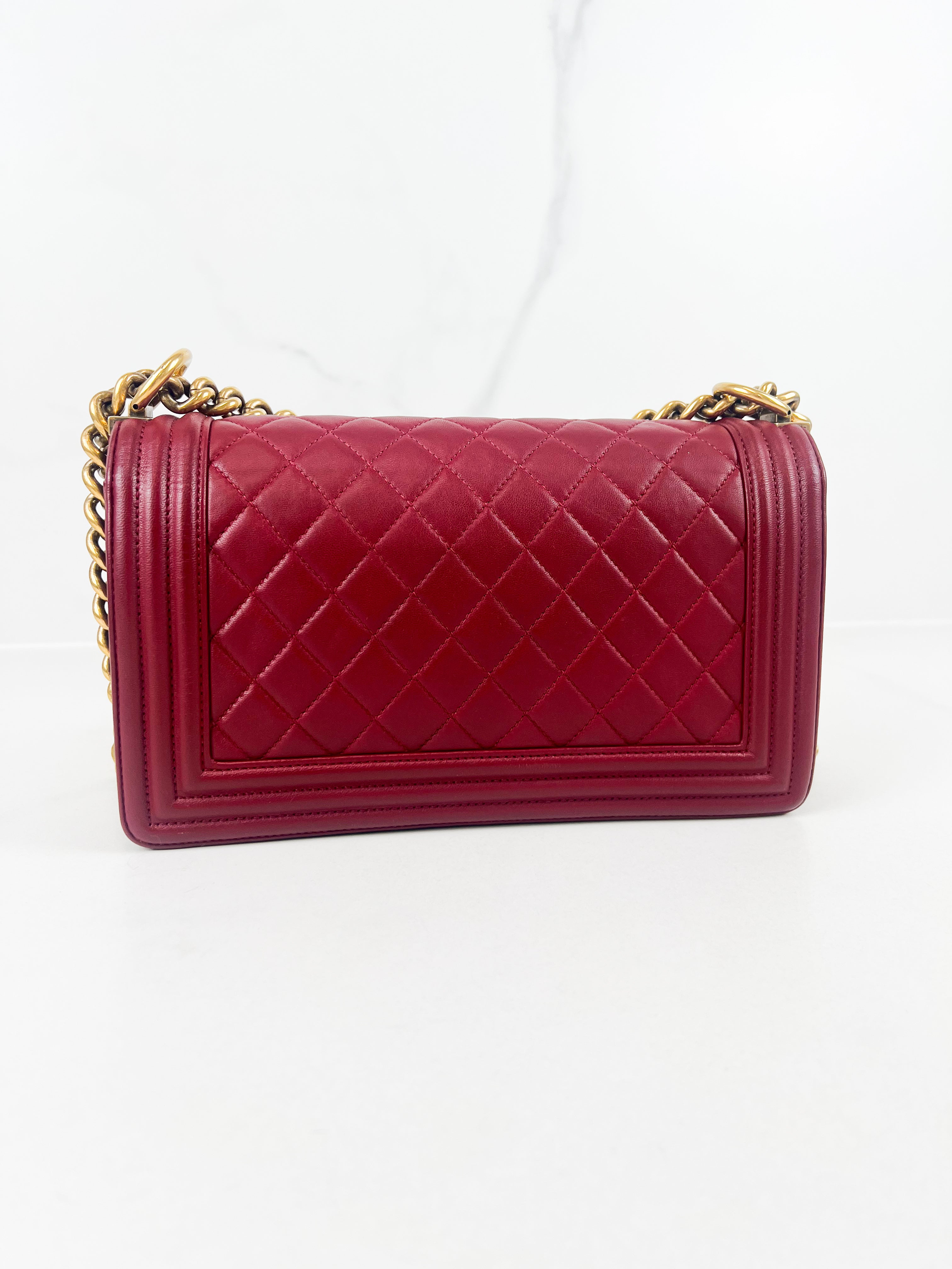 Chanel Old Medium Boy Bag in Red Quilted Calfskin with Gold Hardware