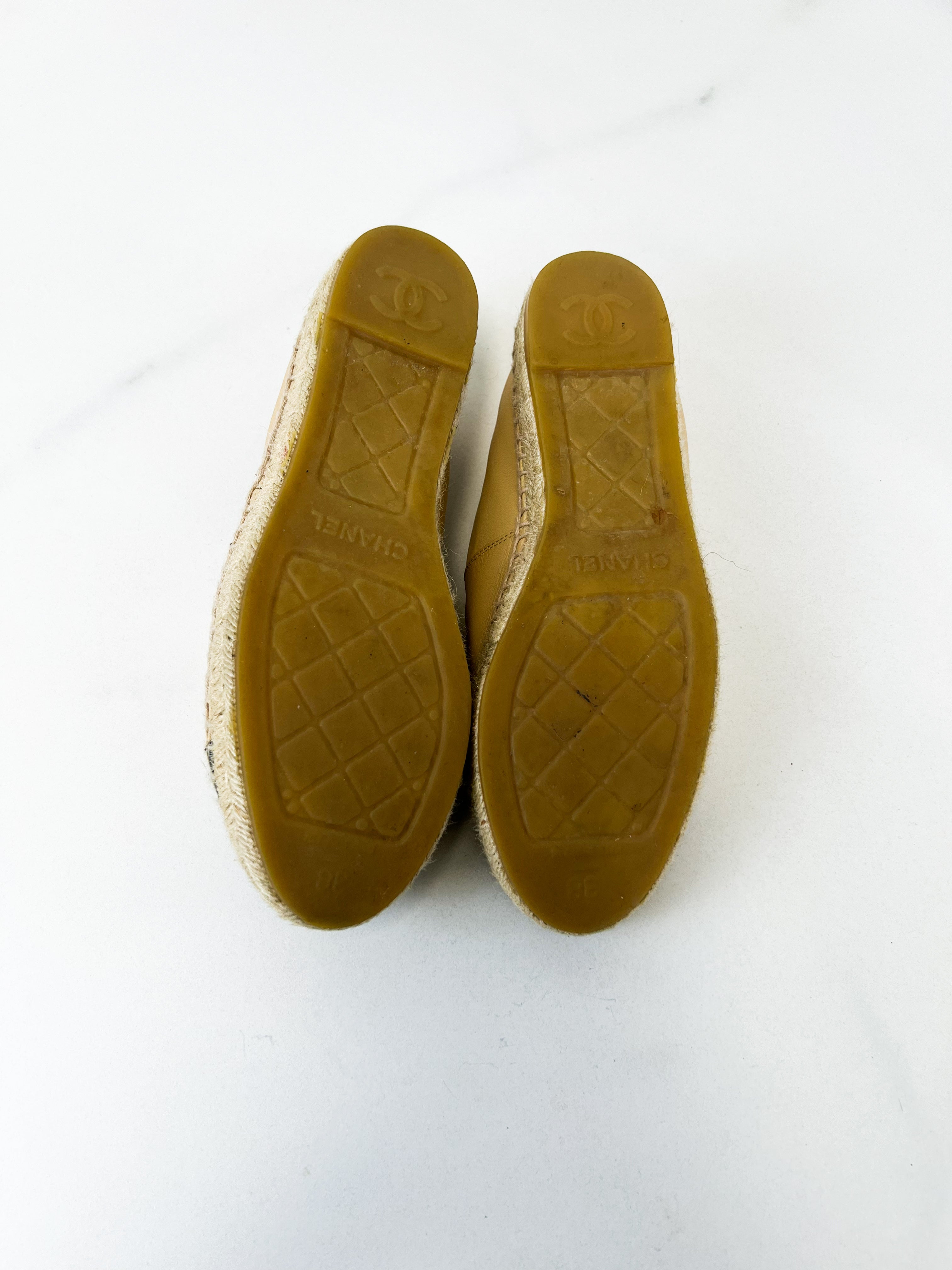 Chanel CC Logo Black & Beige Leather Espadrilles Size 38