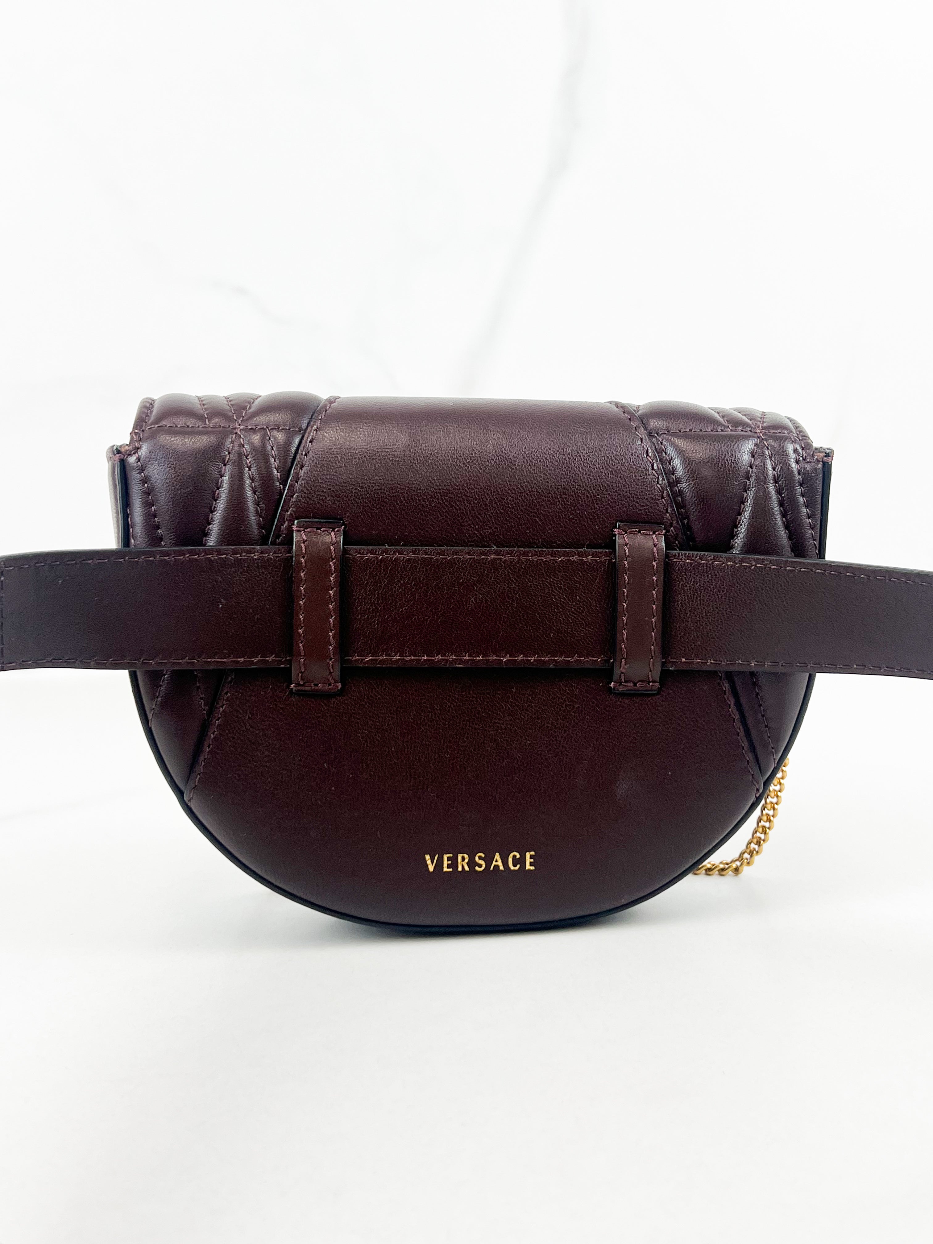 Versace V Logo Chocolate Leather Belt/Chain Bag