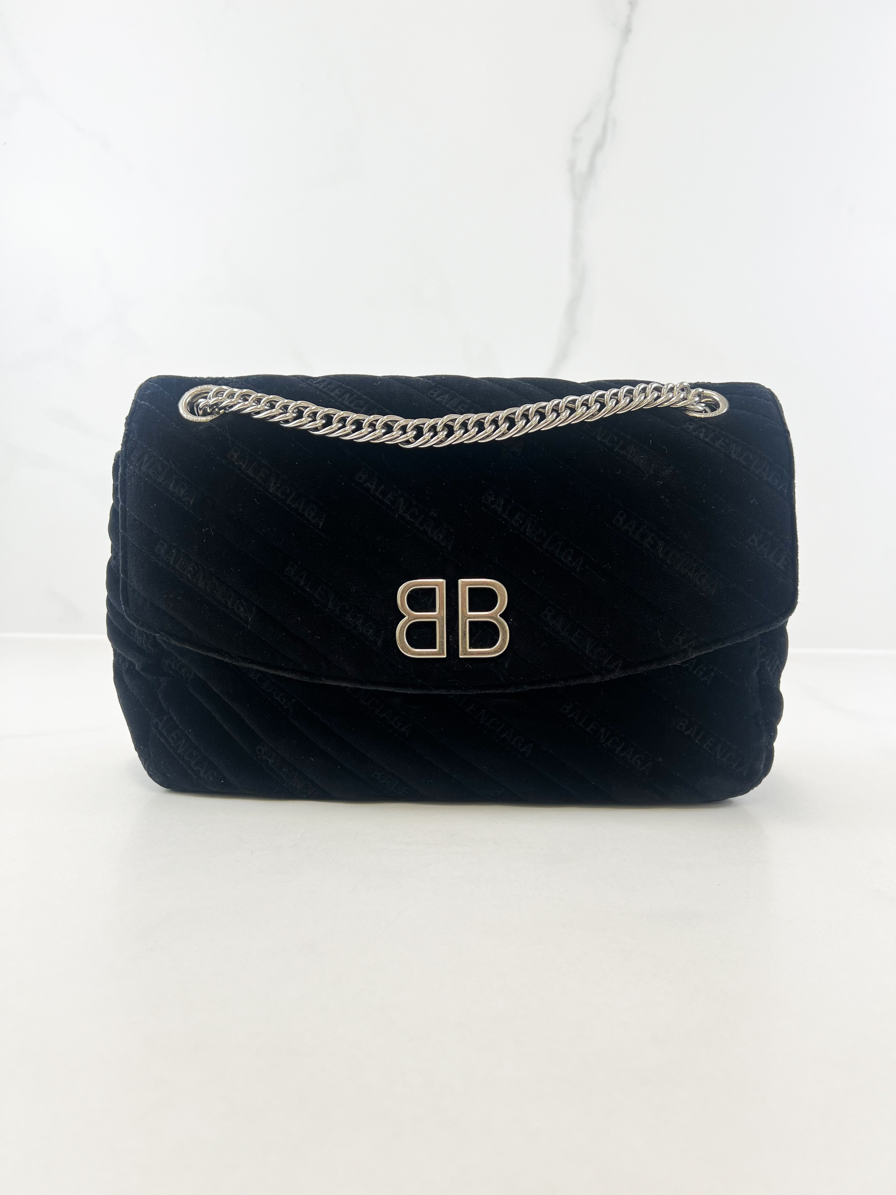 Balenciaga Black Logo Velvelt Shoulder Bag
