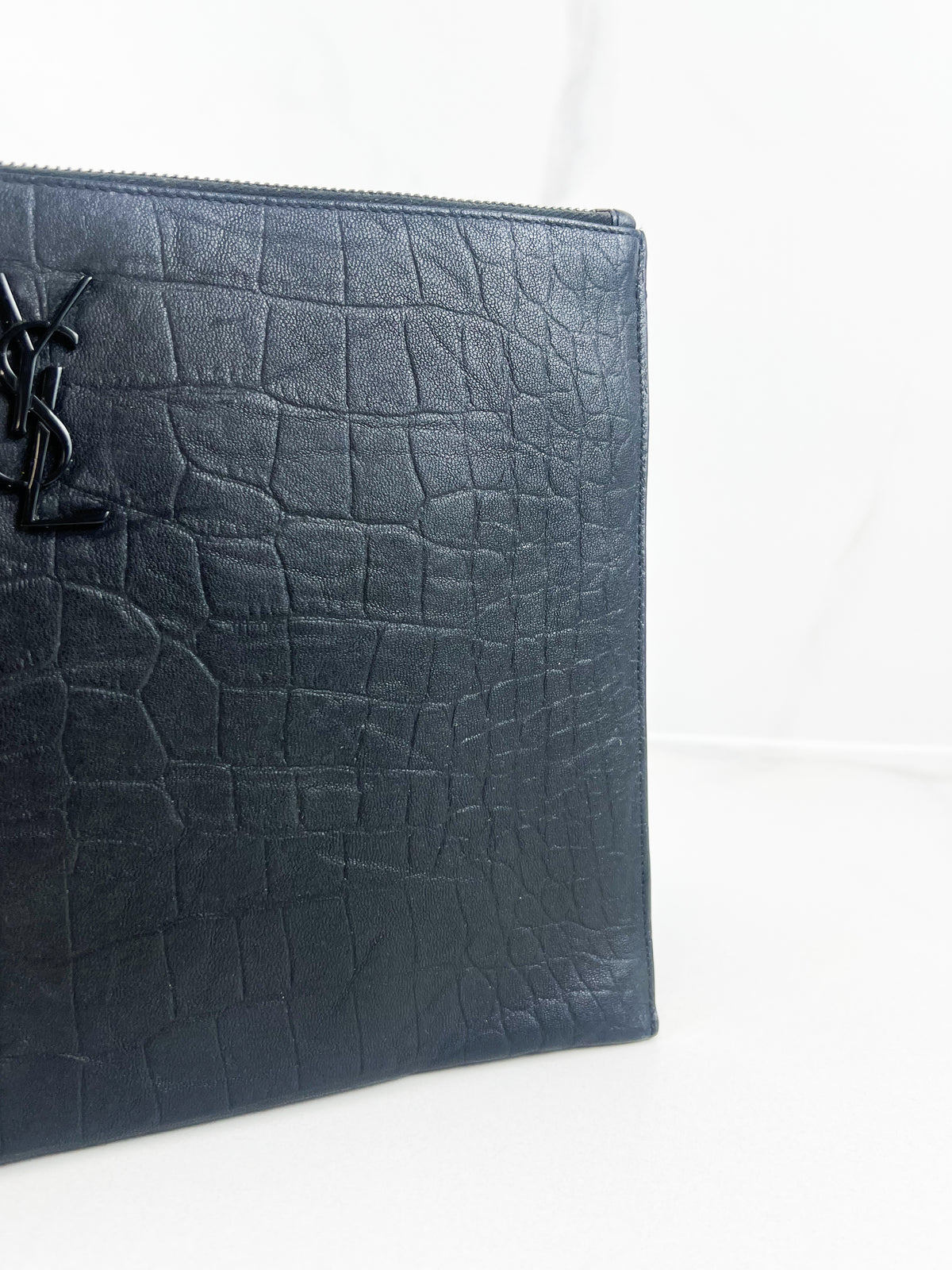 Saint Laurent Croc Embossed Pouch with Black Hardware