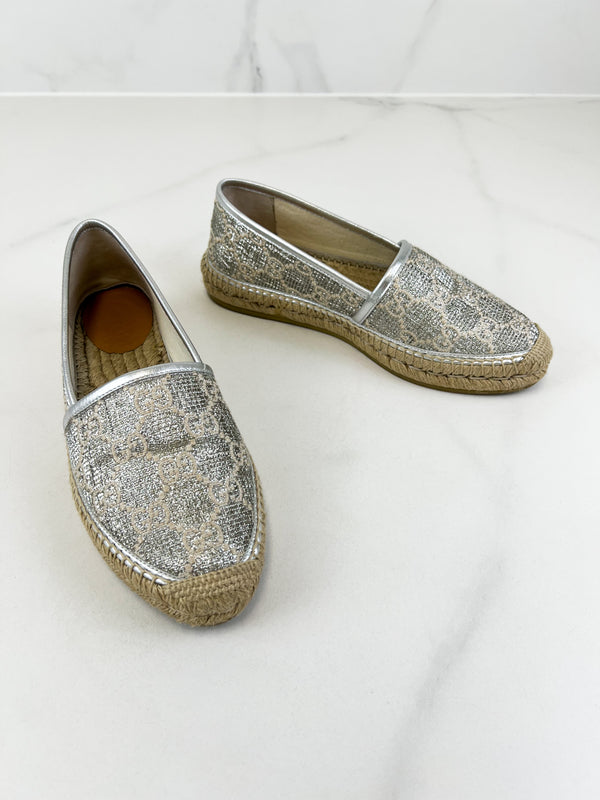 Gucci GG Espadrilles in Silver Canvas Size 38