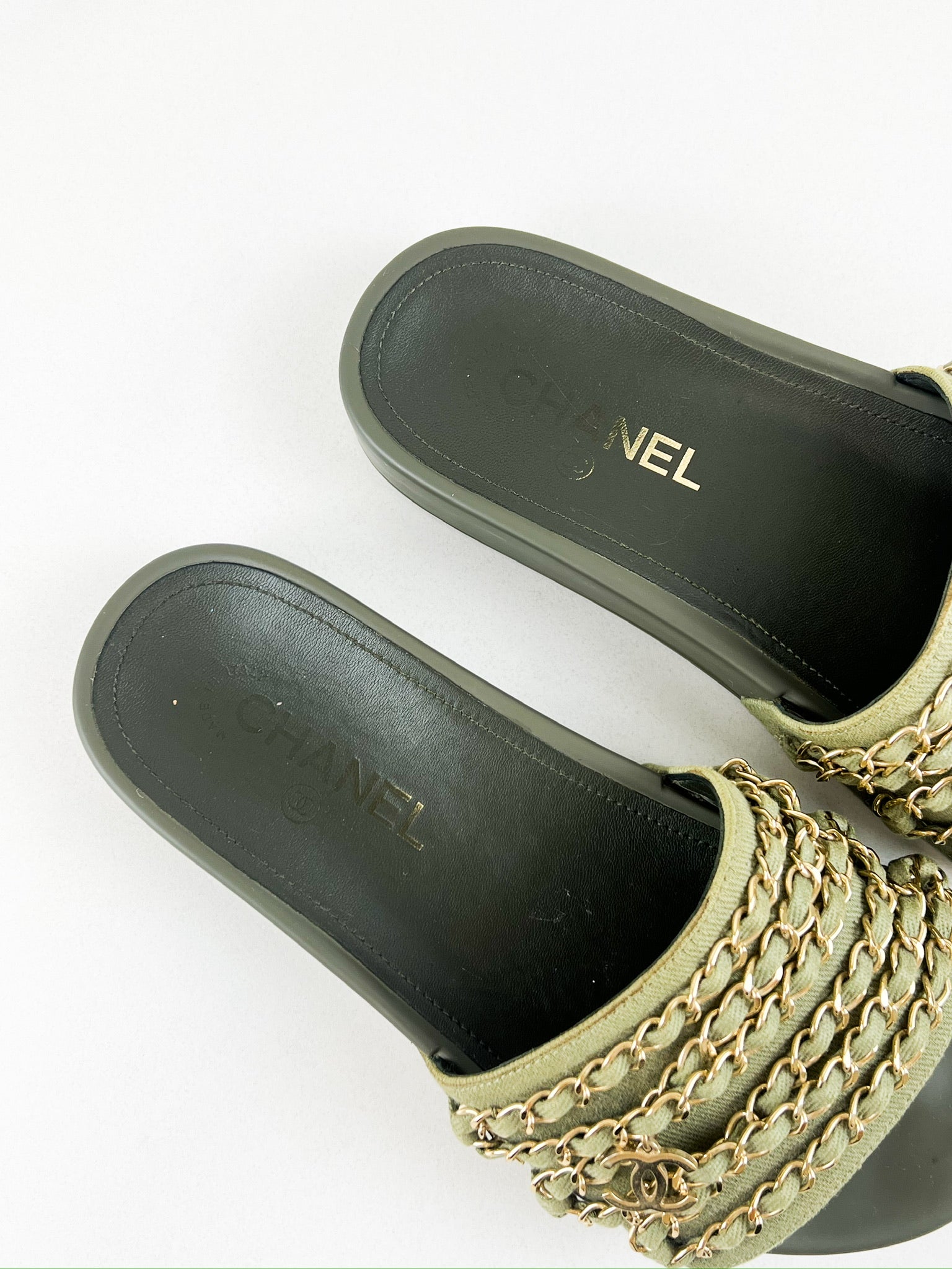 Chanel Khaki Tropiconic Chain Slides Size 37