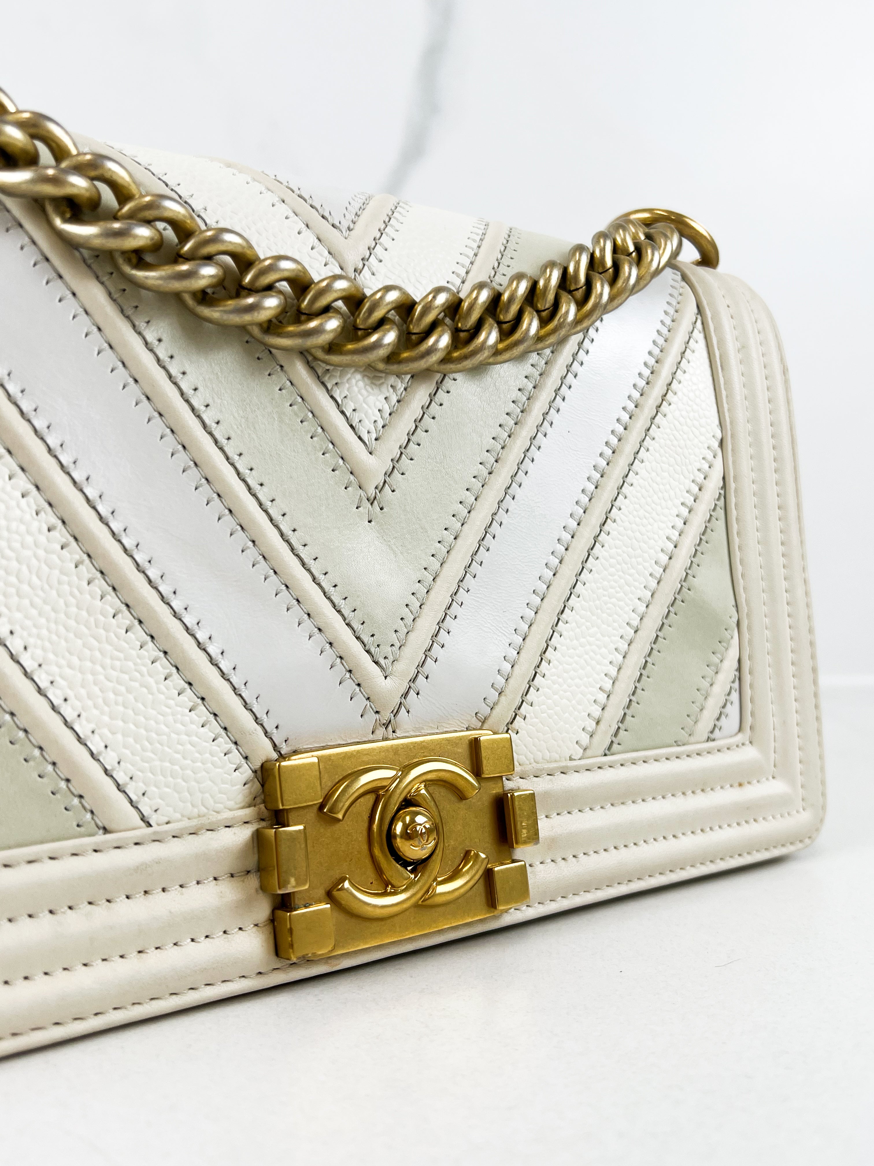 Chanel Old Medium Boy Bag in White Chevron Calfskin with Vintage GHW