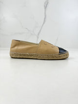Chanel CC Logo Black & Beige Leather Espadrilles Size 38