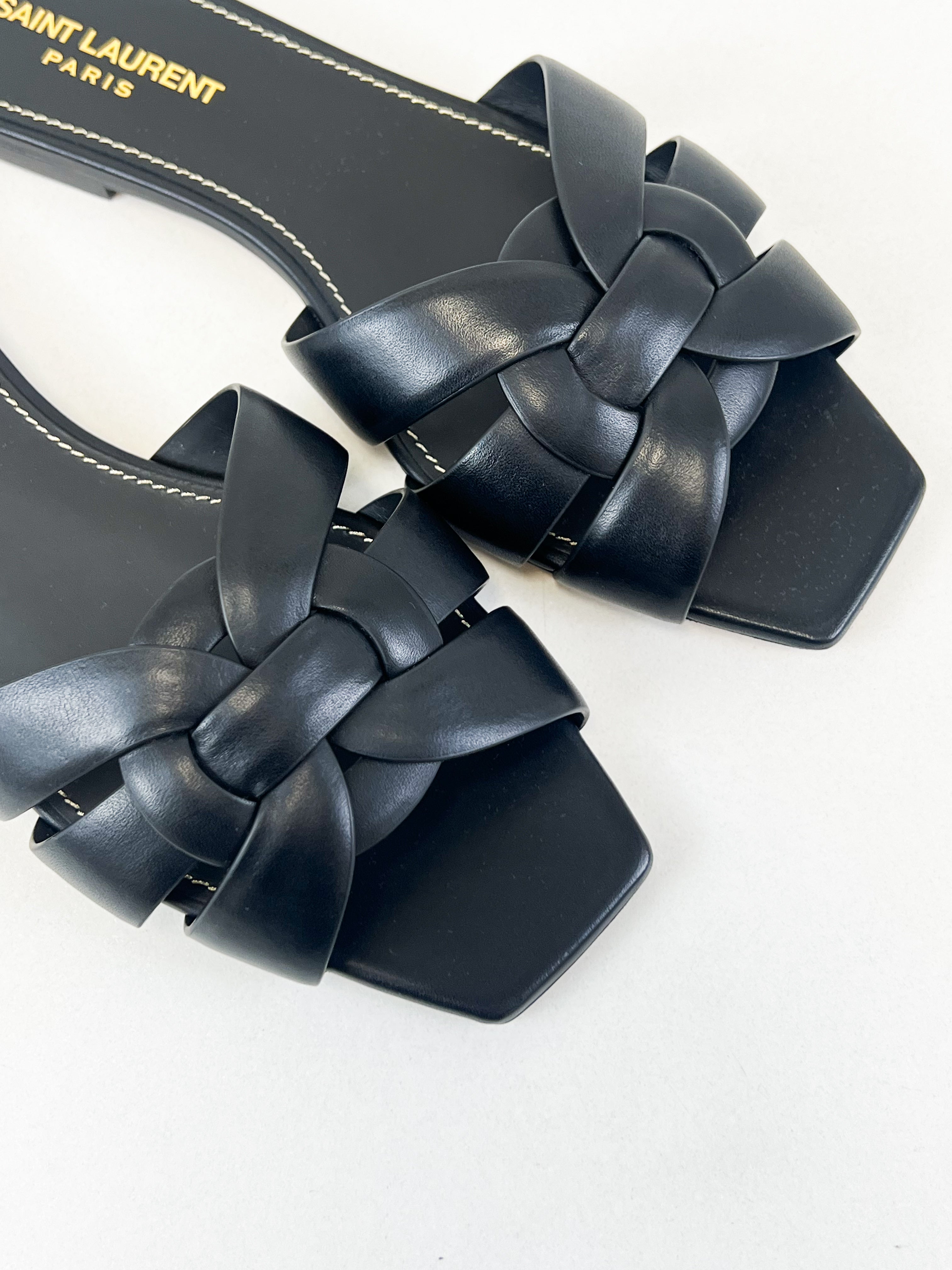 Saint Laurent Black Tribute Flat Mules Size 38