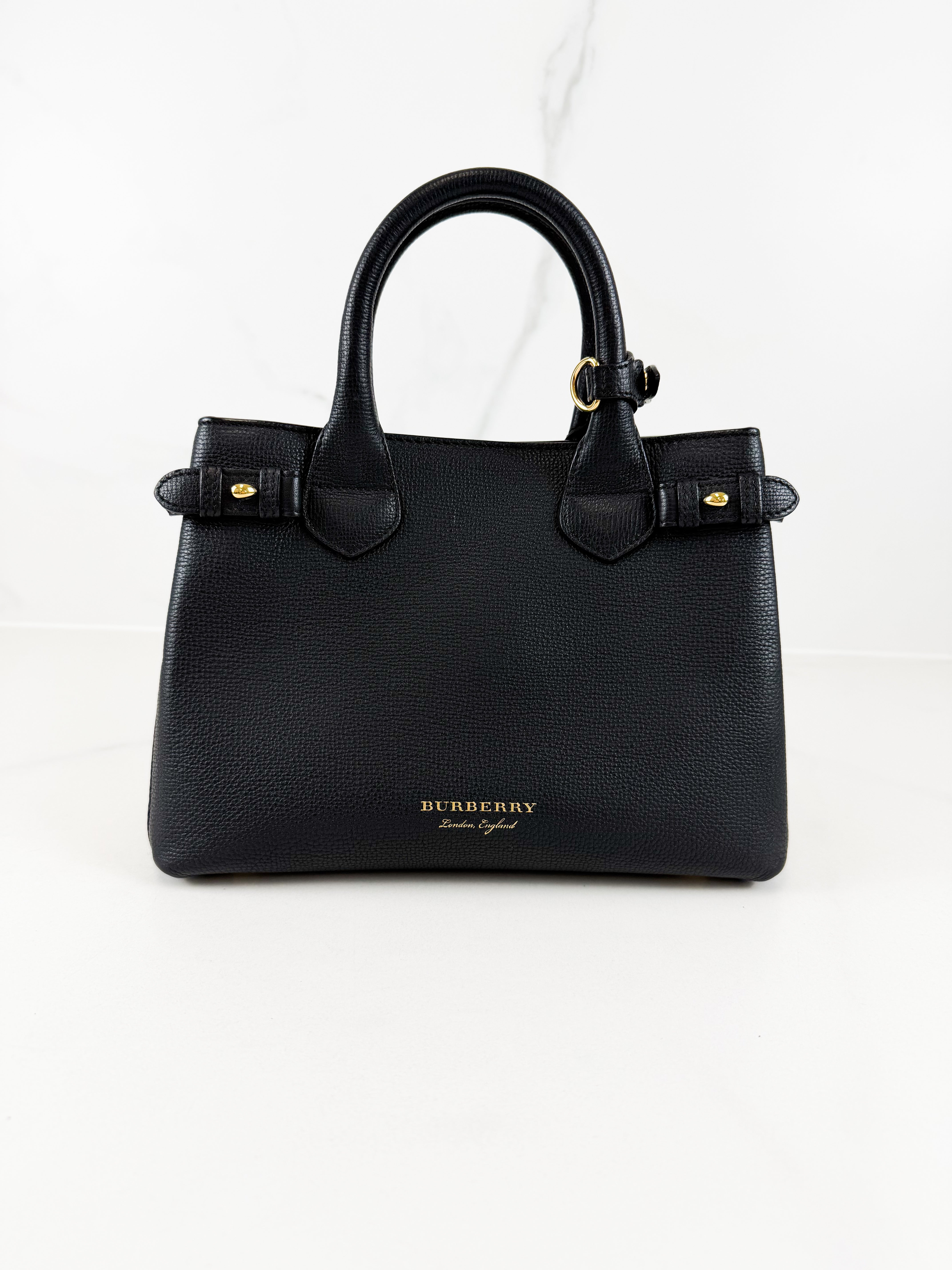 Burberry Pebbled Leather Banner Tote in Black Leather