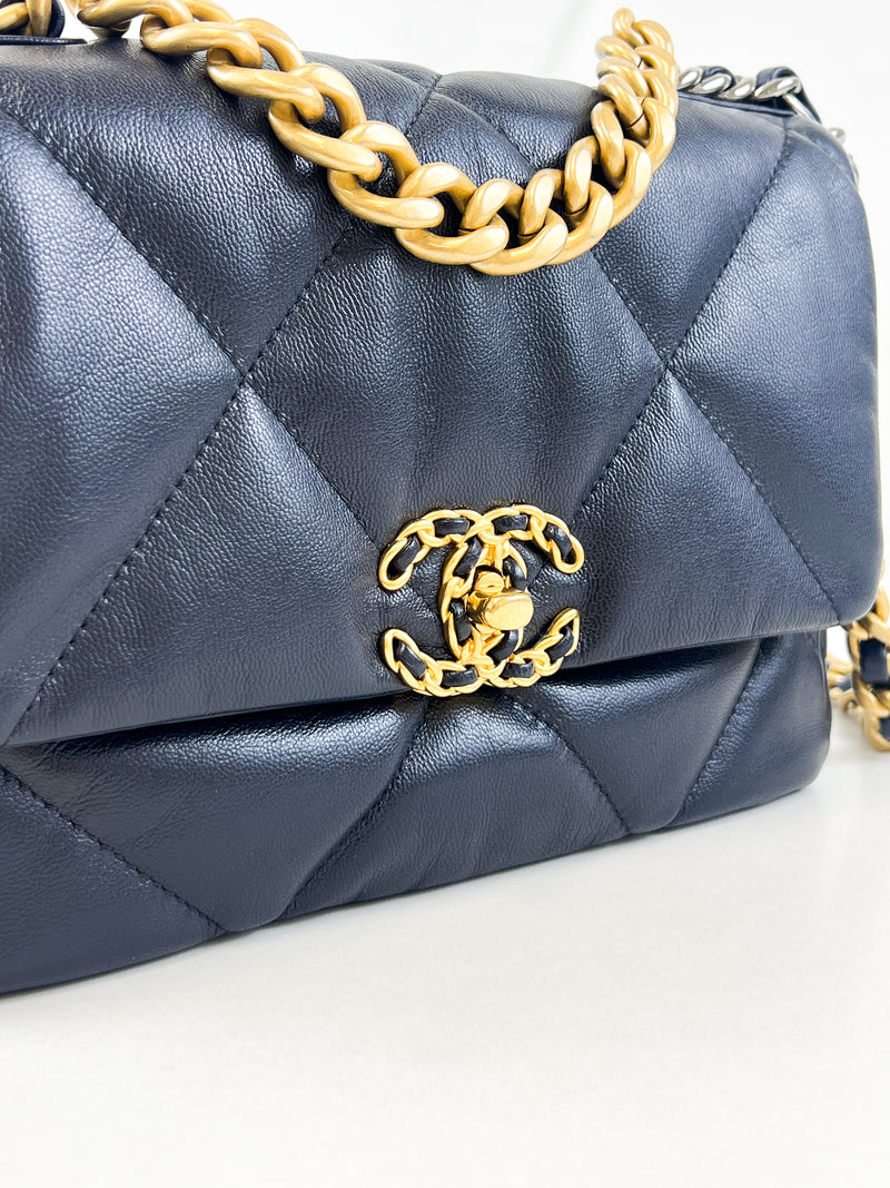 Chanel Navy Small Lambskin 19 with Gold & Silver Tone Hardware
