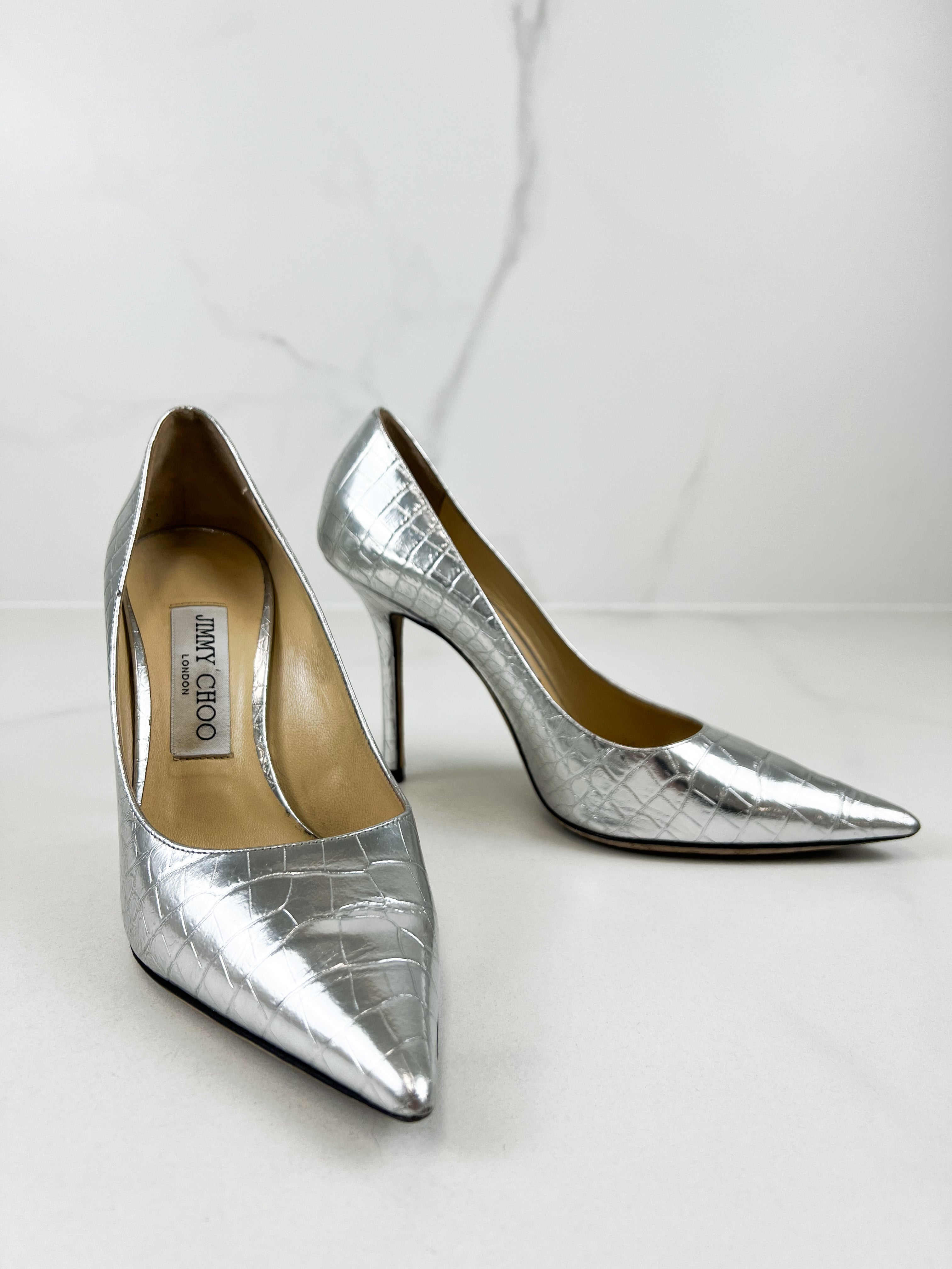 Jimmy Choo Metallic Croc Embossed Leather Pump Size 36.5