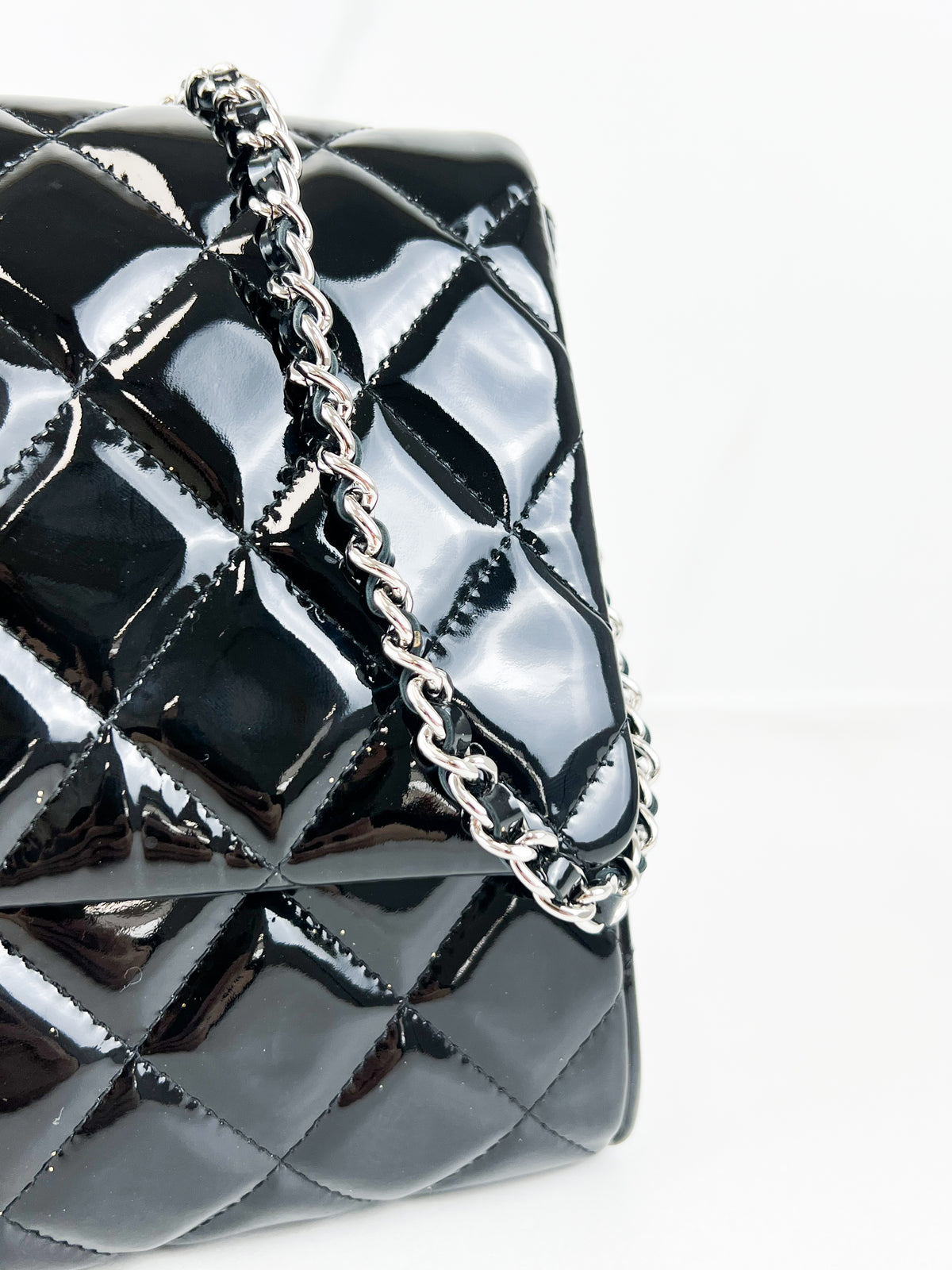 Chanel Black Quilted Patent Leather Clutch-with-Chain SHW