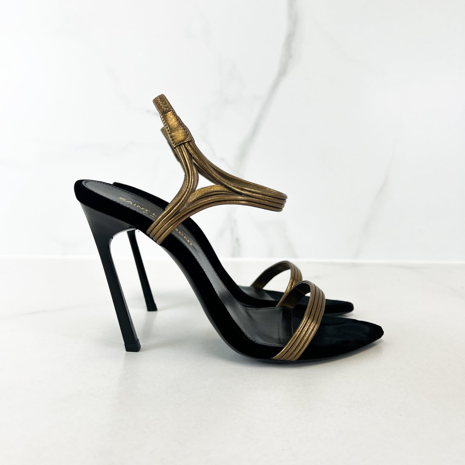 Saint Laurent Talitha Metallic Leather Sandal in Black Gold Size 36 Shopluxe Consignment