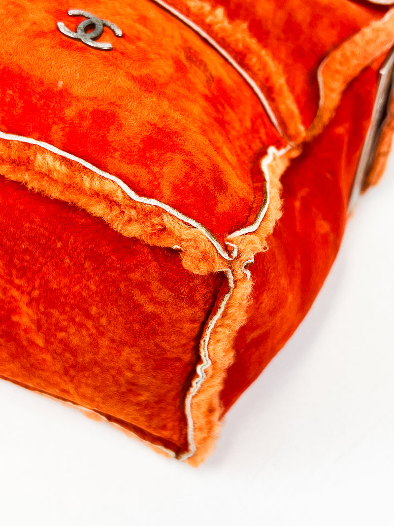 Chanel Vintage Orange Sheepskin Suede Logos Shoulder Bag