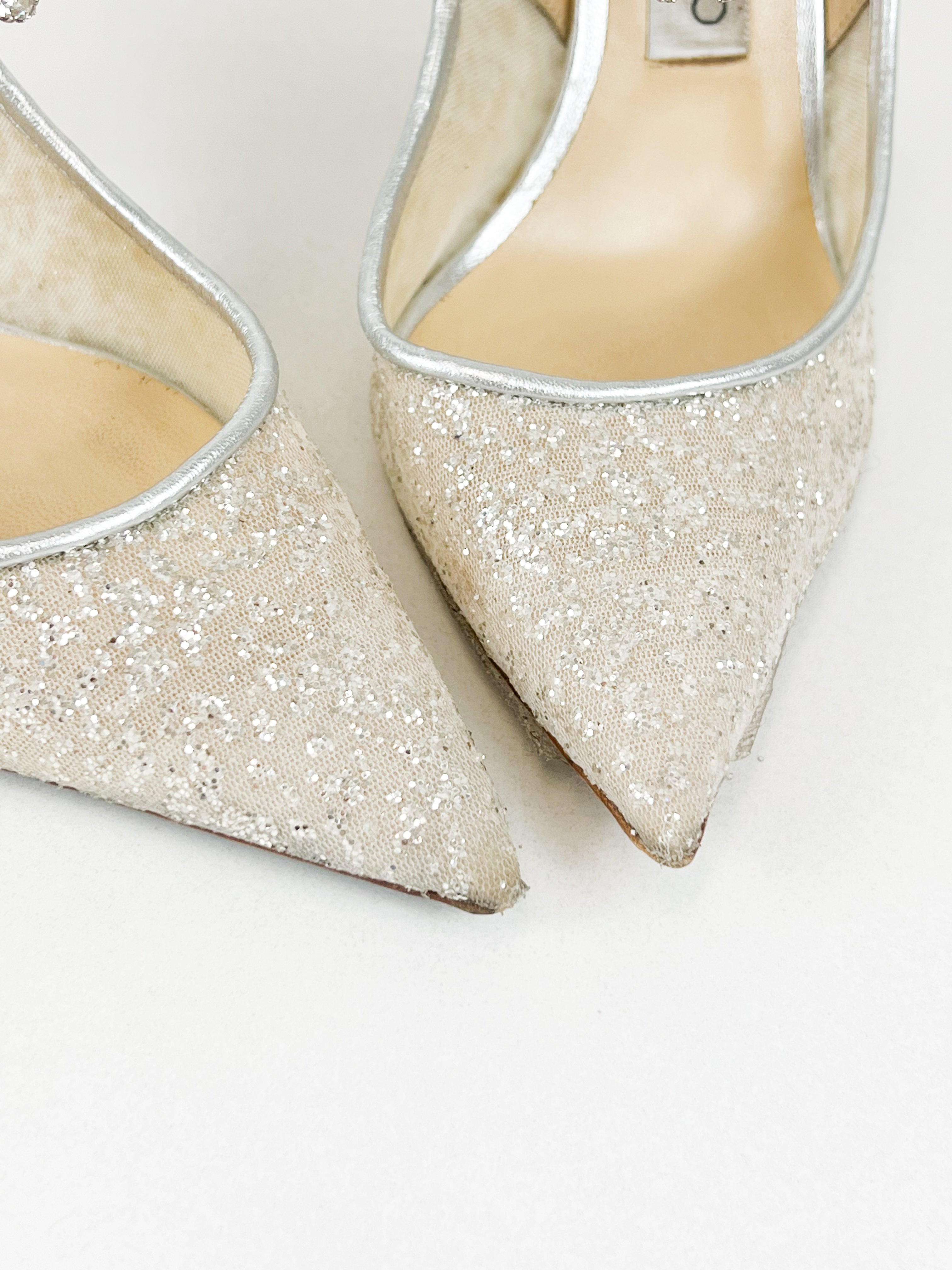 Jimmy Choo Bing Silver Glitter Fabric Mule Size 39