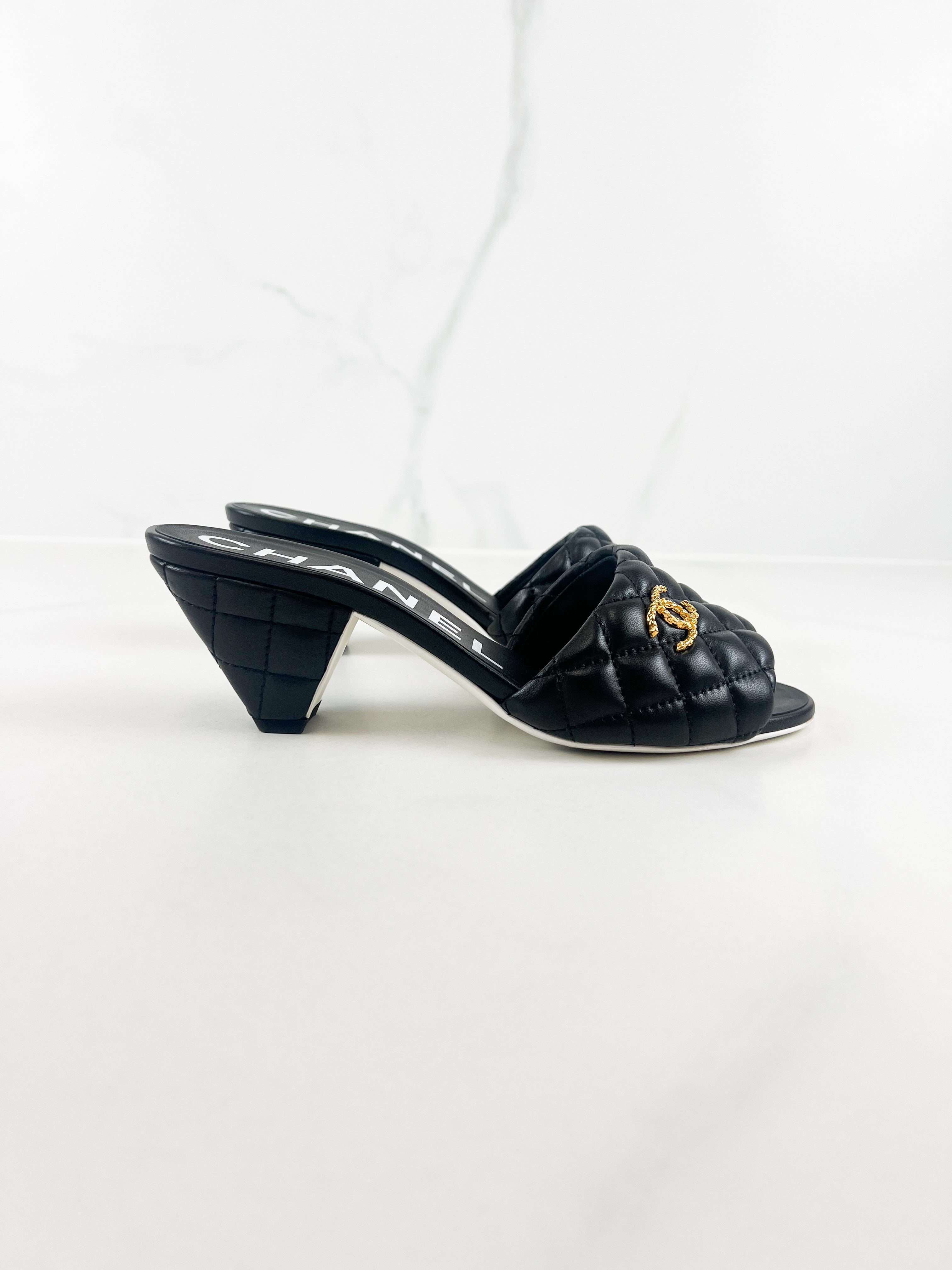 Chanel Black Lambskin Quilted Mules with Gold CC Logo